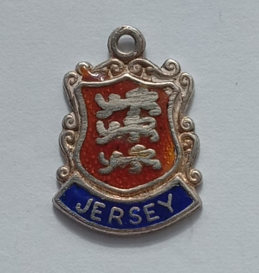 VINTAGE SILVER BRACELET CHARM JERSEY TRAVEL SHIELD PLACE NAME CHARM.   CH1-2