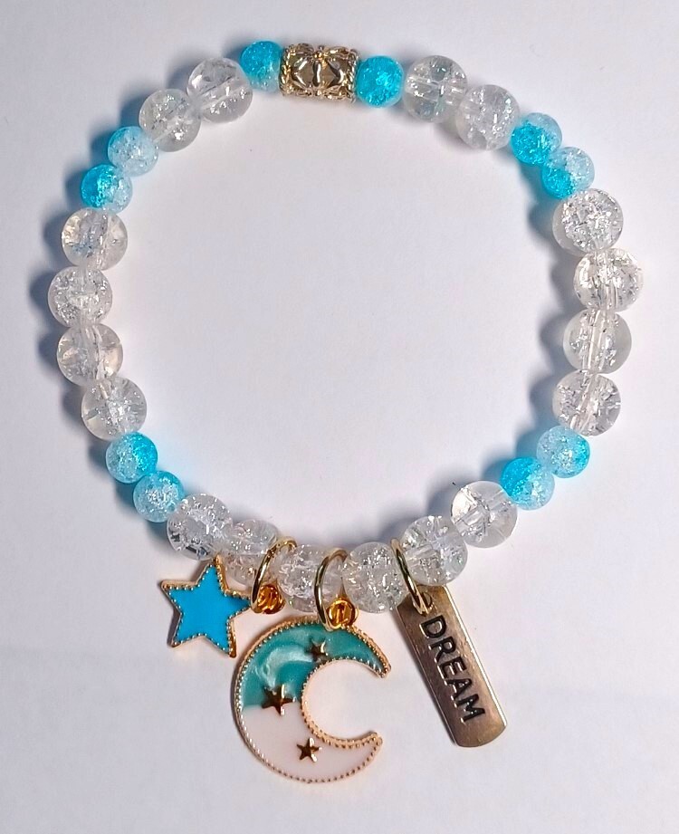 Chic Crackle Beaded Bracelet with Cresent Moon Charm