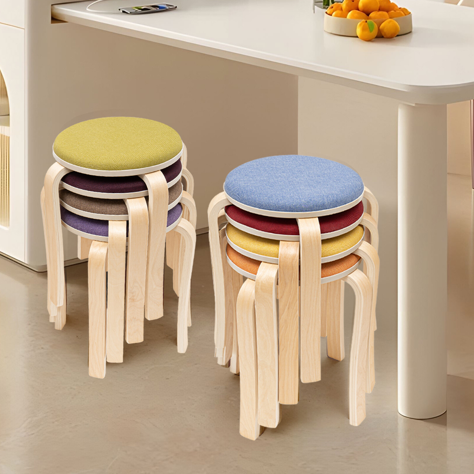 Set of 8 Colorful Round Stools Modern Stackable Wood Stool 16.3*12.2*16.93in