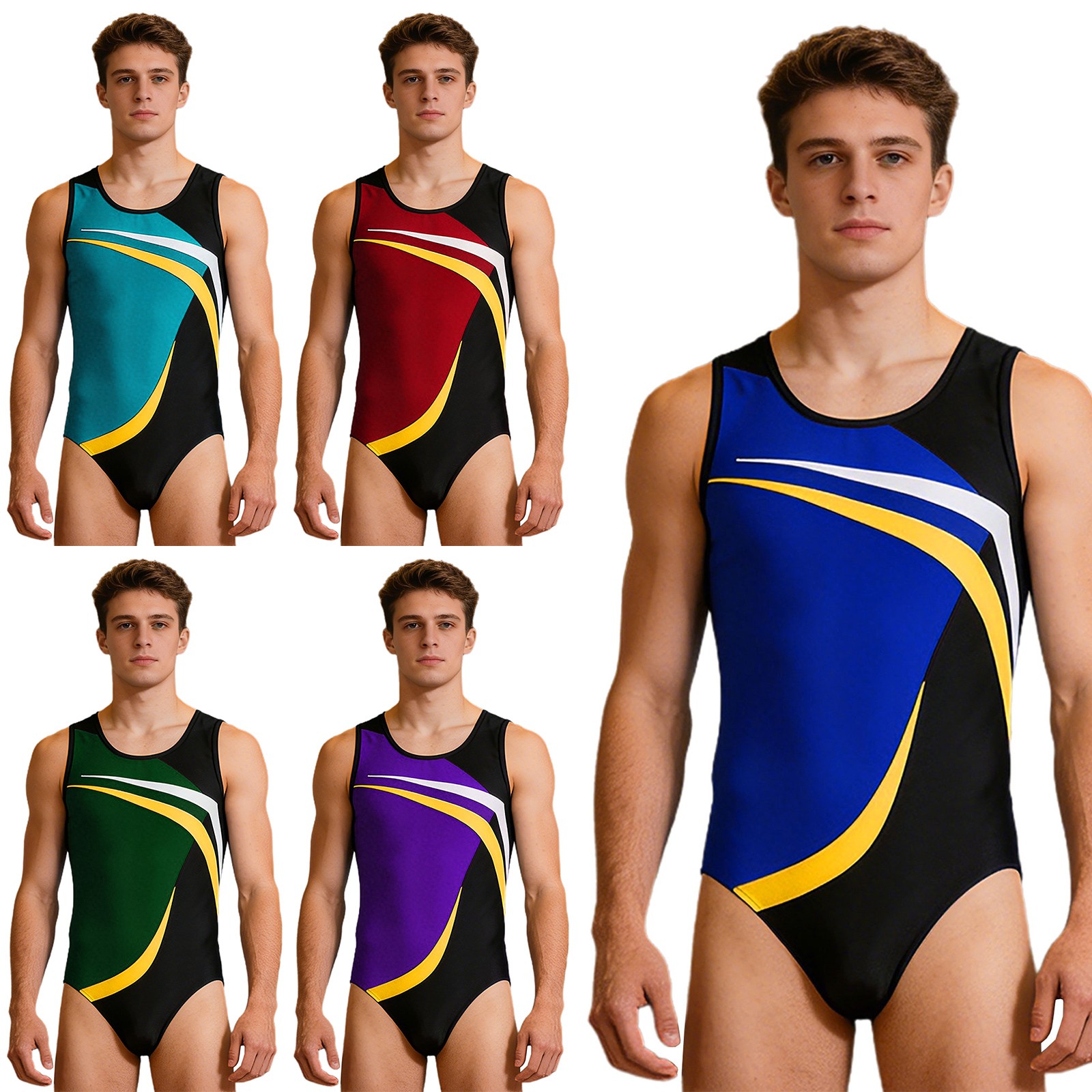 Men Leotard Dance Bodysuit Competition Jumpsuit Sleeveless One Piece U Neck