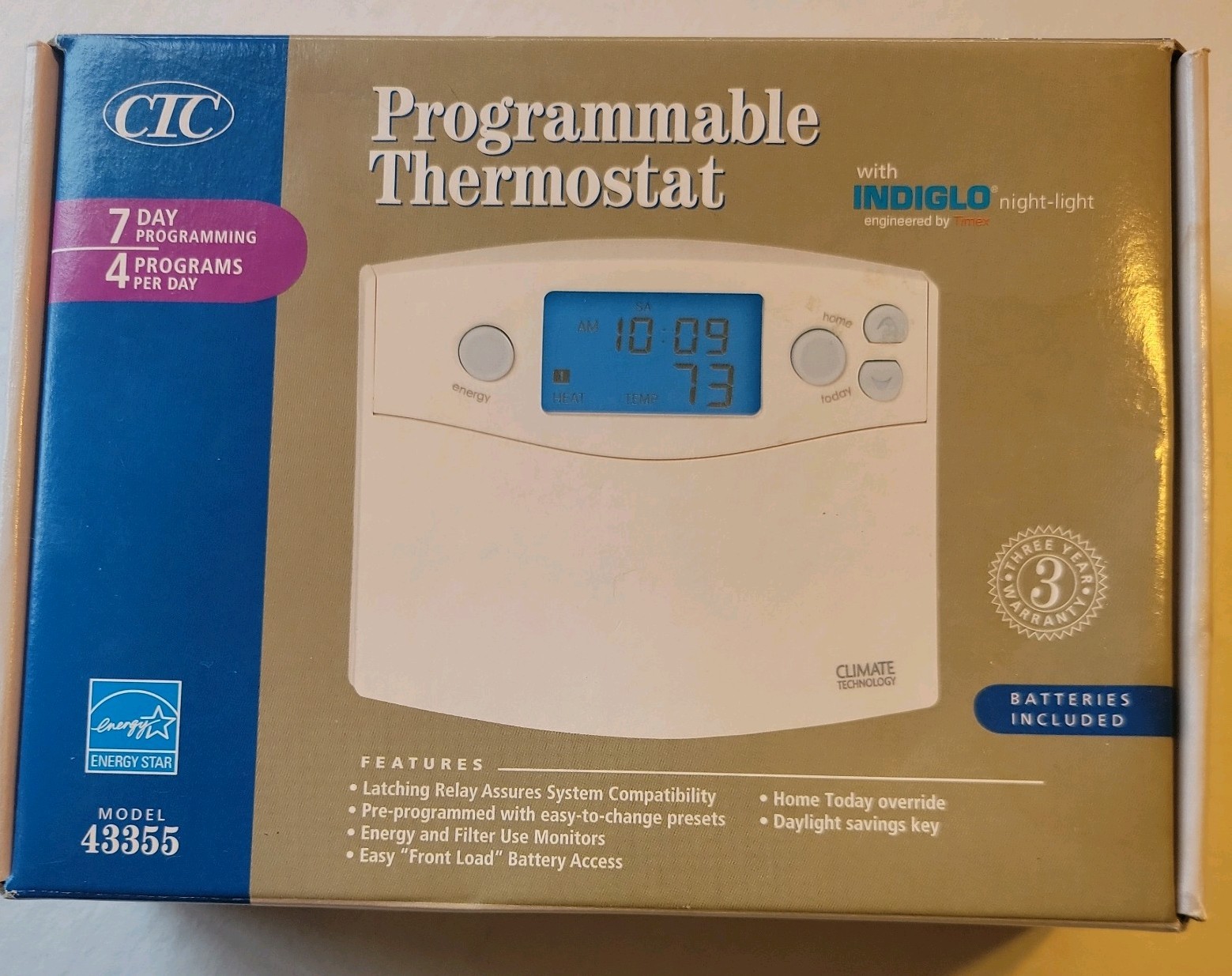 CTC 43323 Programmable Thermostat 7-Day with Indiglo Night Light
