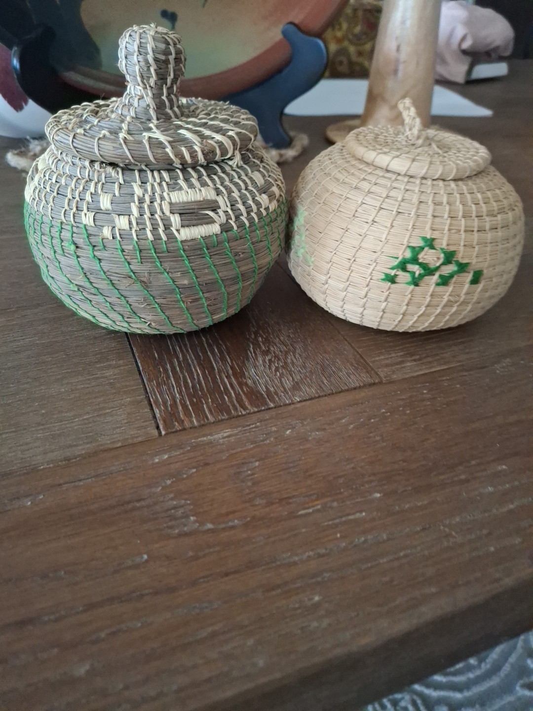 Small Hand Woven Lidded Baskets With Thread work