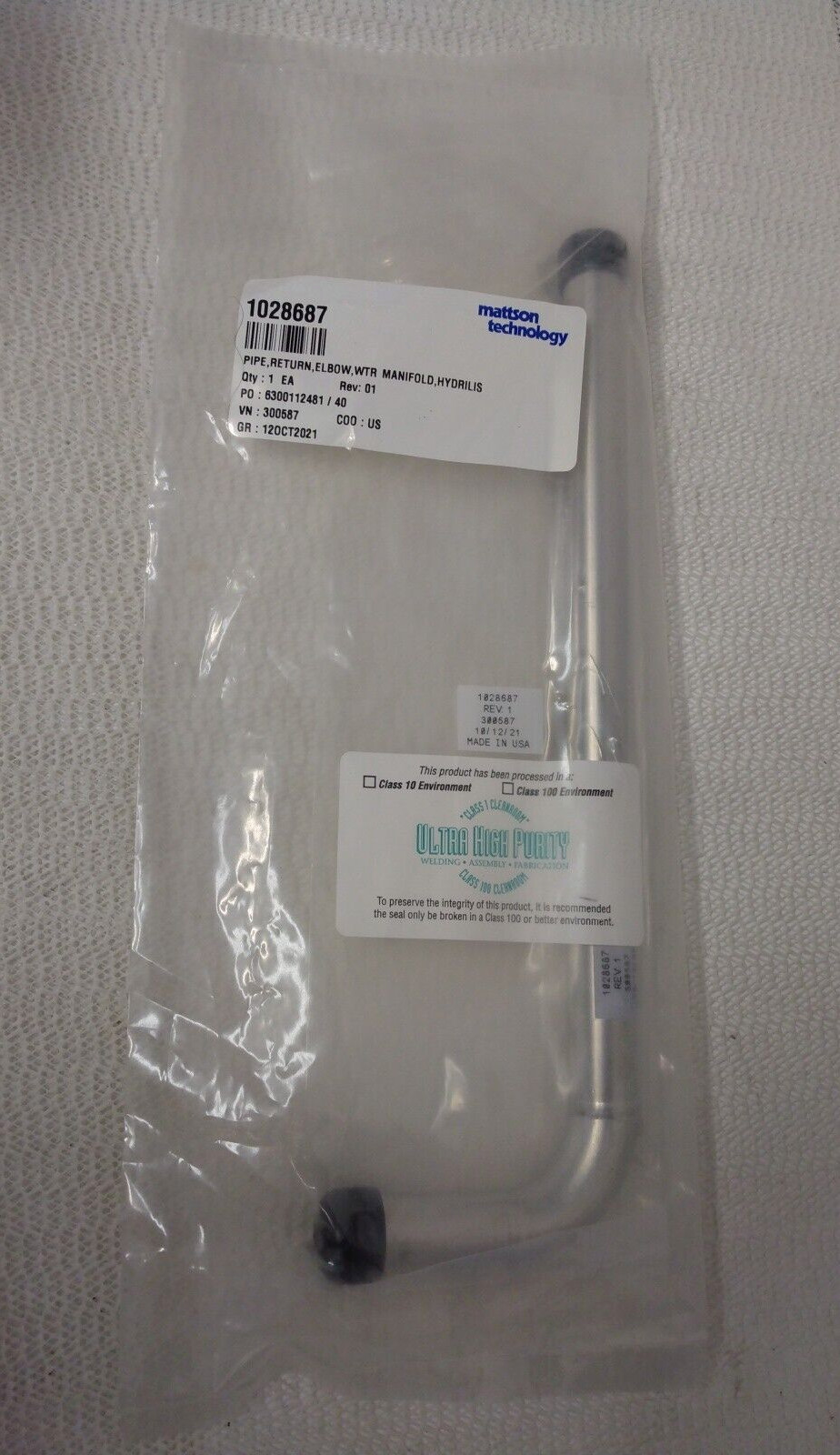 NEW MATTSON TECHNOLOGY 1028687 REV 1,PIPE, RETURN, ELBOW, WTR MANIFOLD, HYDRILIS