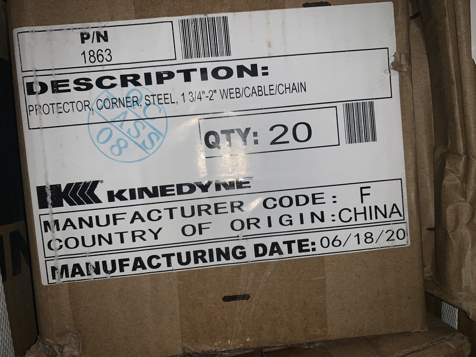 NEW Kinedyne 6" Steel Corner Protector, 1 3/4"-2" Web/Cable/Chain ( 20 PC LOT)