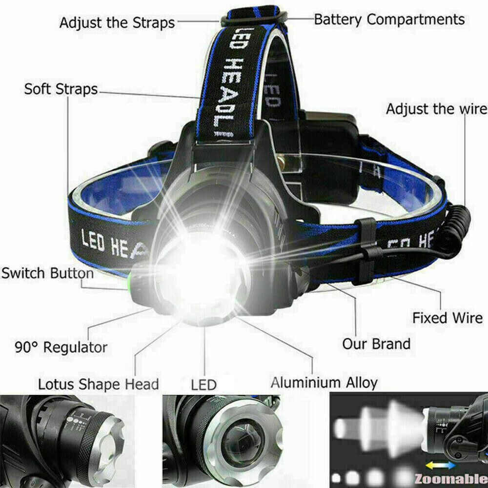 990000LM LED Headlamp Rechargeable Headlight Zoomable Head Torch Lamp Flashlight