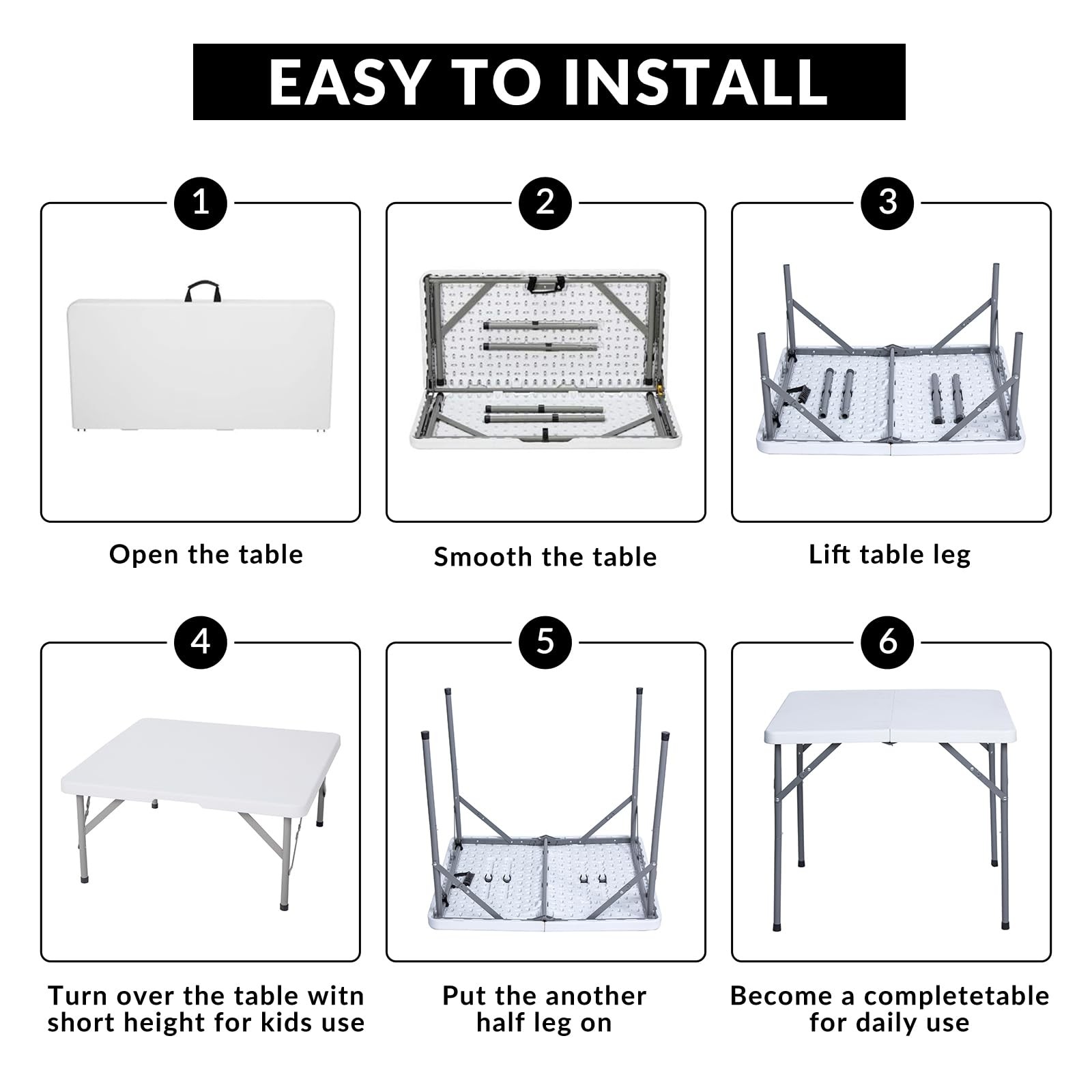 34" Square Folding Table with Resin Top, Plastic Folding Card Table with Coll...