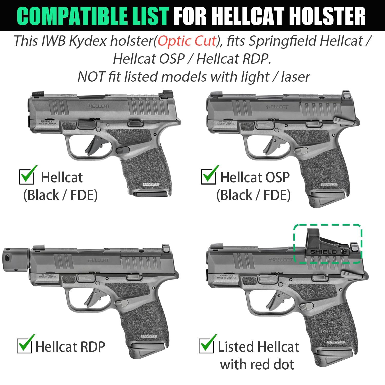 WARRIORLAND Kydex IWB Holster, Compatible Springfield Hellcat & Hellcat