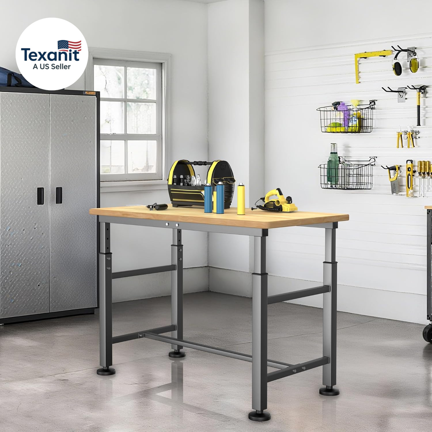 Workbench for Garage, 47.5" Adjustable Height Work Table, Heavy Duty Rubber Wood
