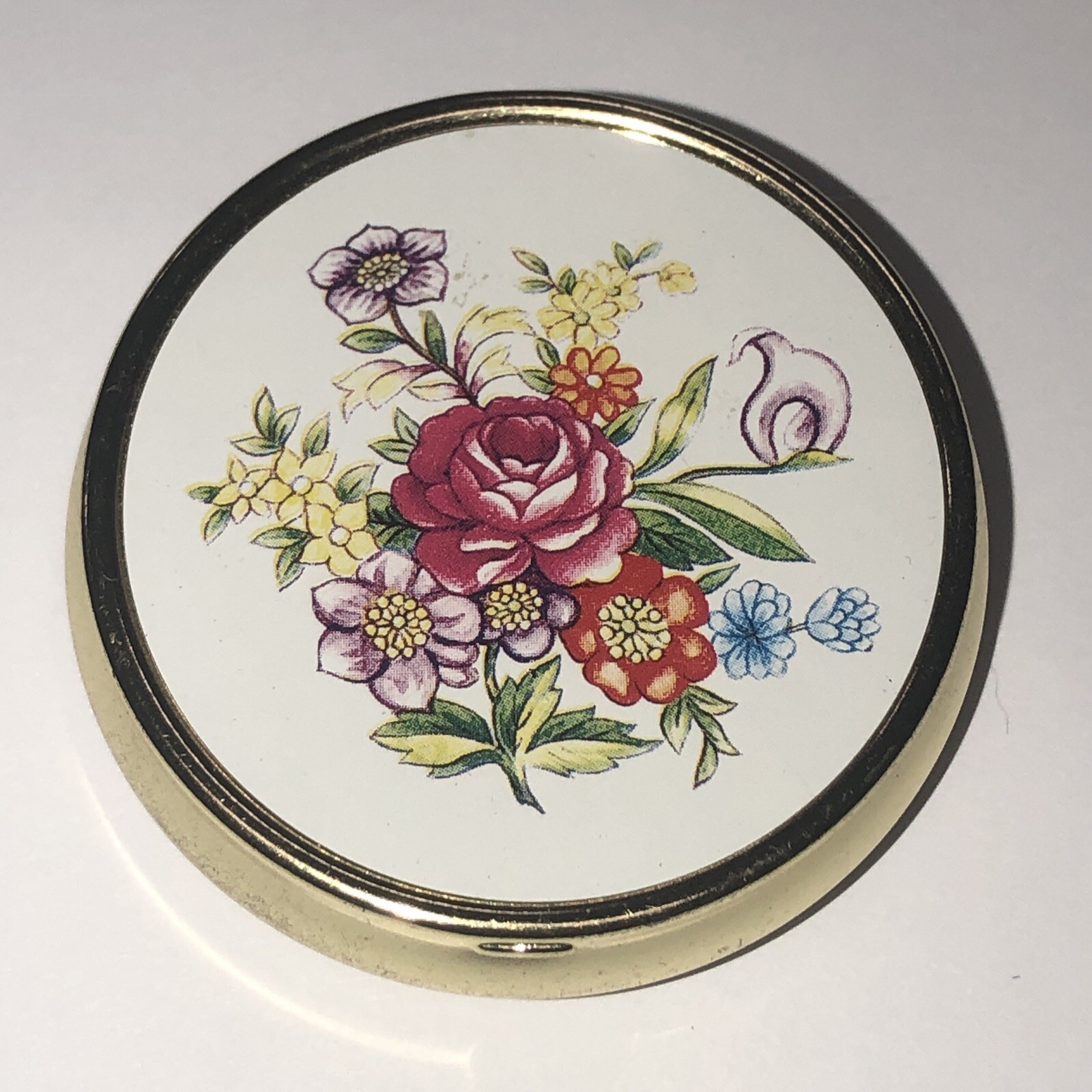 Round Gold Tone Trinket, Pill Box with Roses Flowers