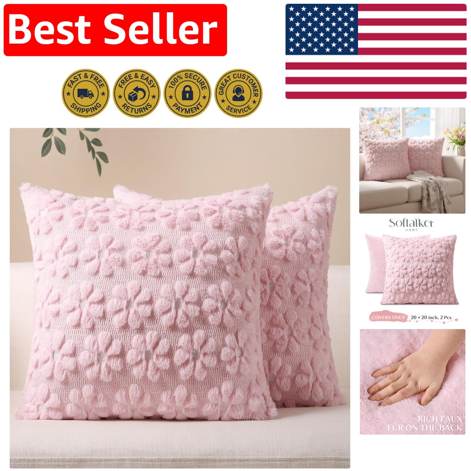 Soft Faux Fur Floral Throw Pillow Covers, 20x20 Pink - Perfect Gift Set of 2