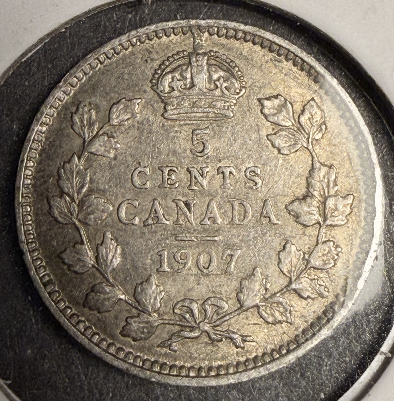 1907 Canadian 5ct Silver, AU. (18630)
