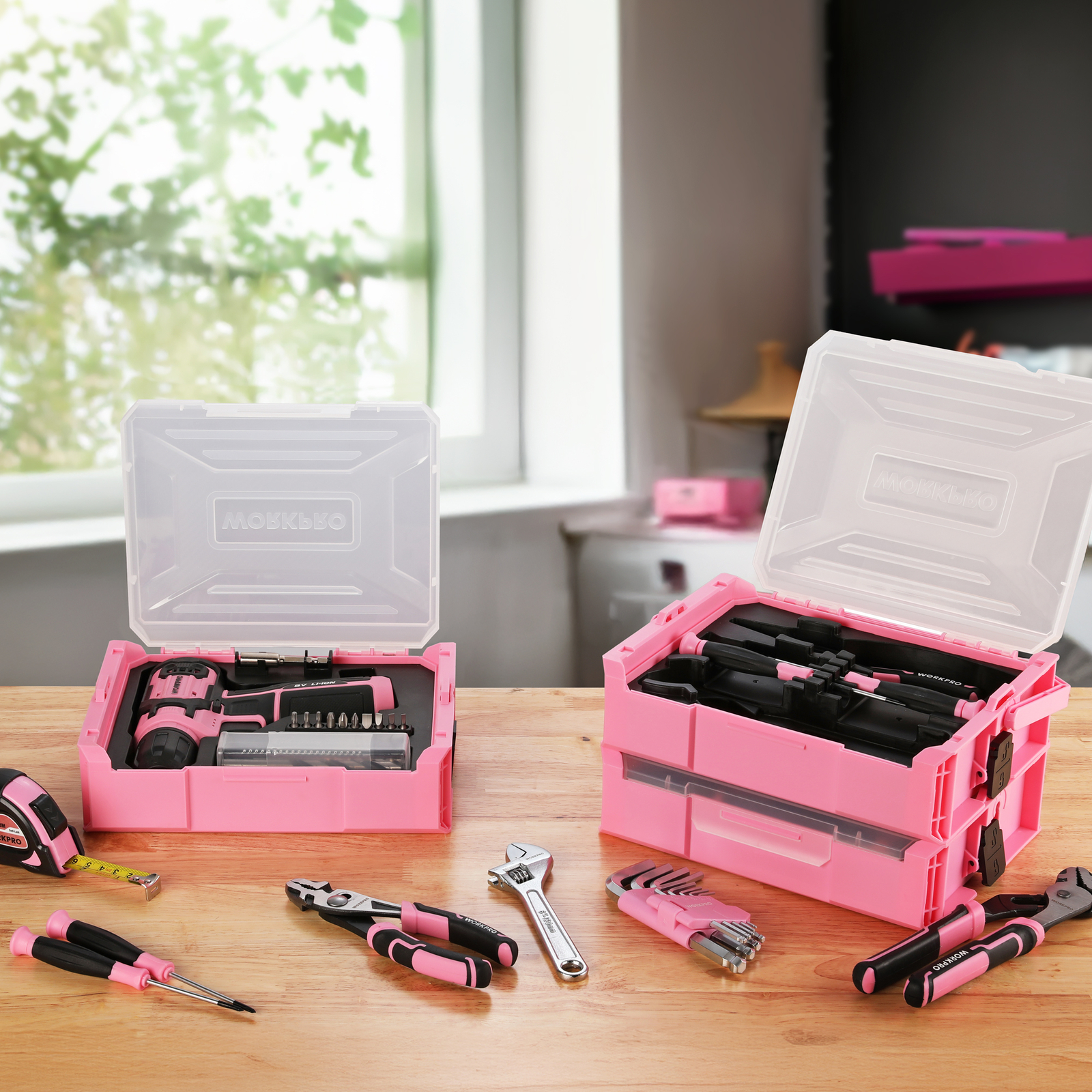 Pink Cordless Drill Driver with Toolbox 43PC wi/8V Lithium-ion Power Drill&Bits