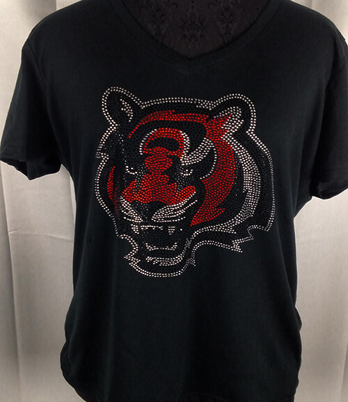 Women's Cincinnati Bengals  Rhinestone Football V-neck T-Shirt Tee Bling Ladies