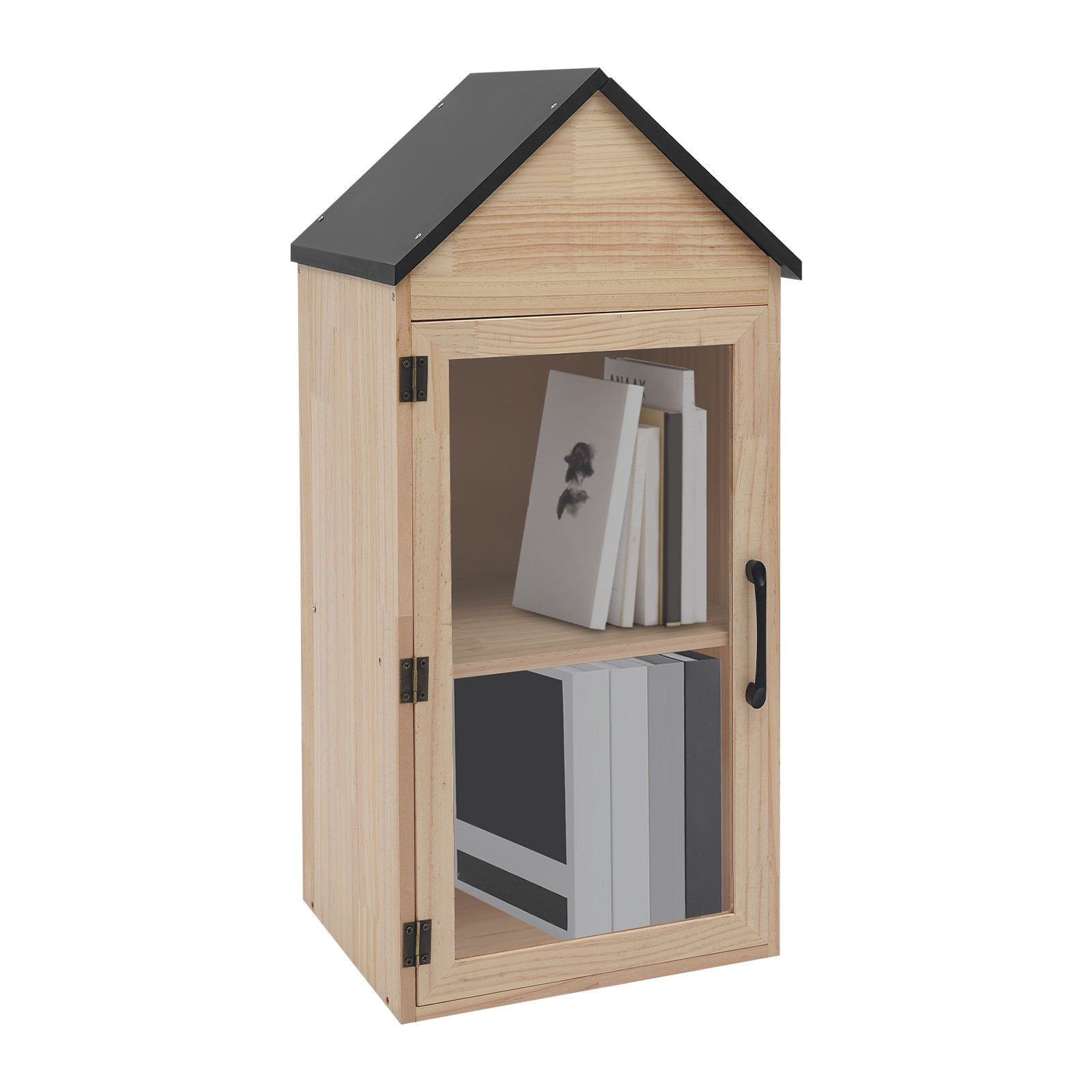 2-Tier Wooden Book Box Home Book Storage Box w/Door, Little Library Box Cabinet