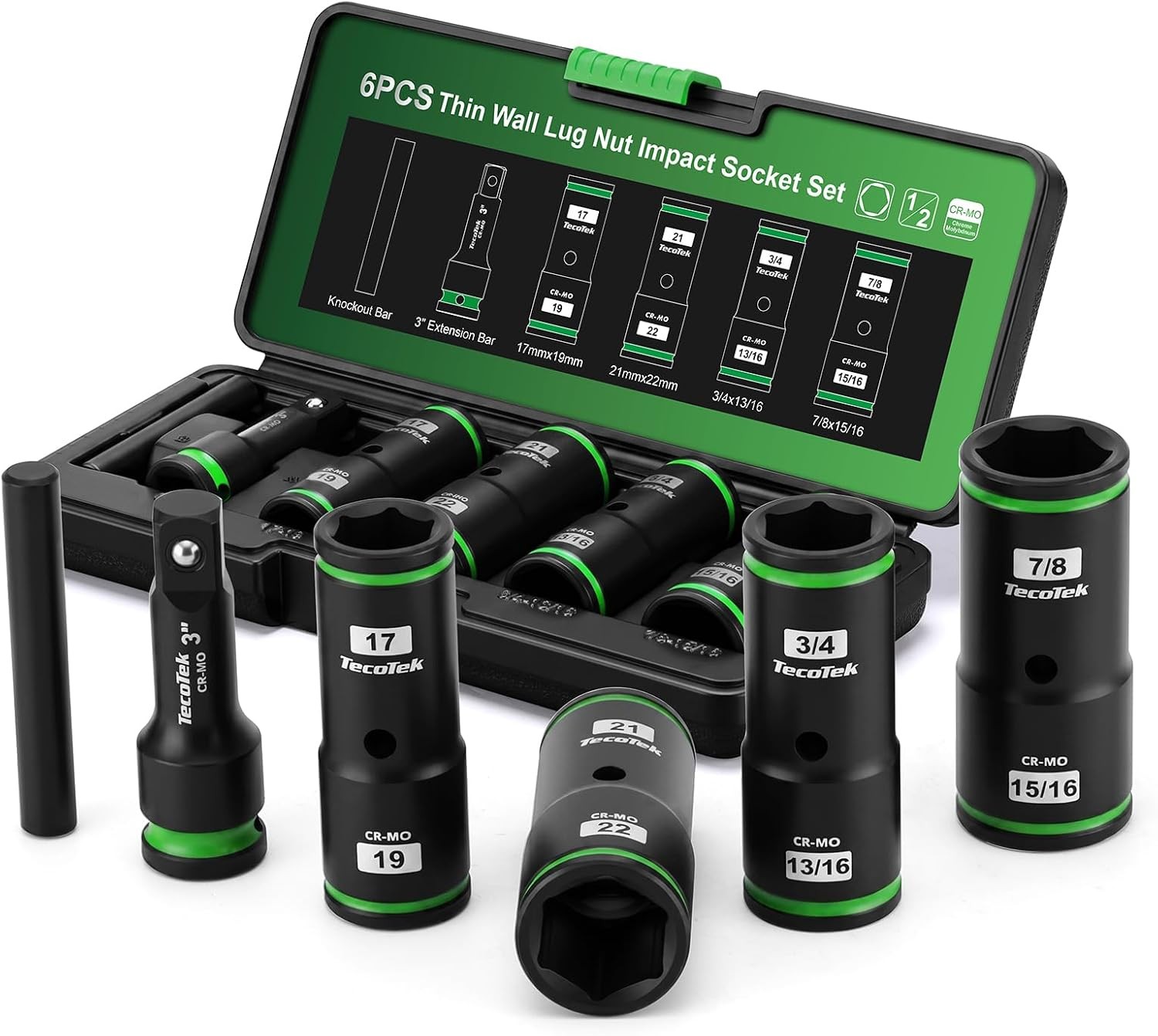 6PCS Thin Wall Lug Nut Impact Socket Set, 1/2" Drive Standard Metric & SAE