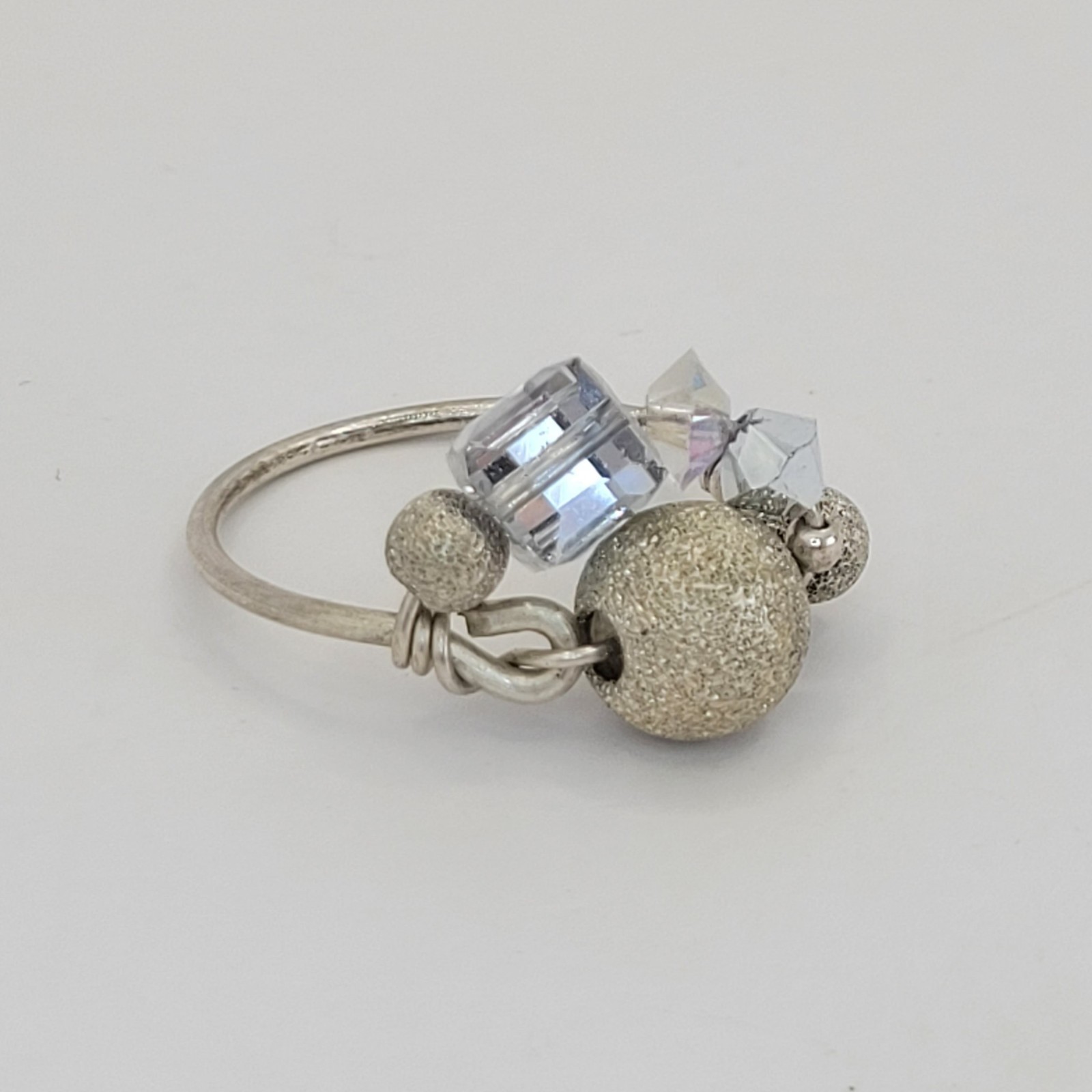 925 Sterling Silver Wire-Wrapped Stardust & Crystal Bead Cluster Ring Size 6.75