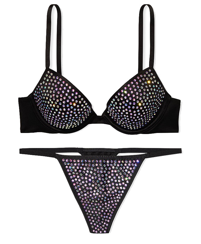 Victoria's Secret Very sexy Demi Bra rhinestones embellished crystal thong black