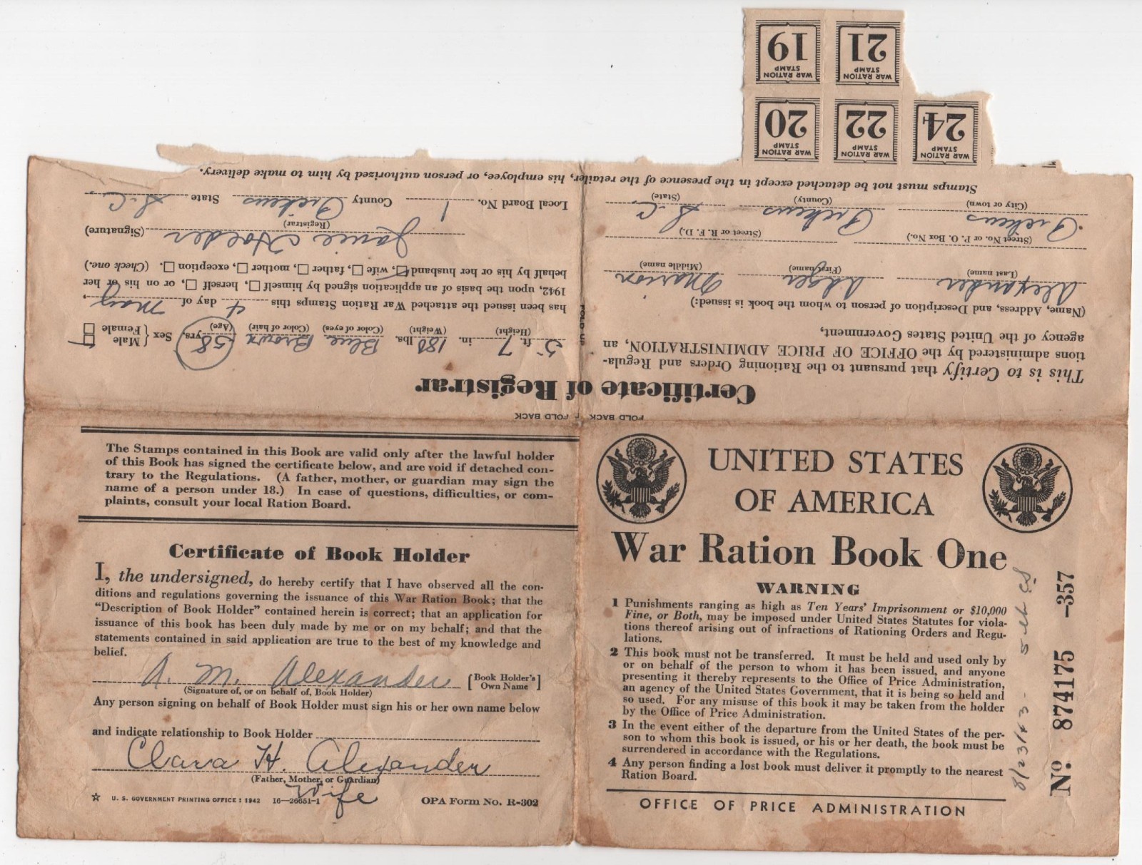 PICKENS SC War Ration Book One WWII Issued to Adger Marion Alexander 1943