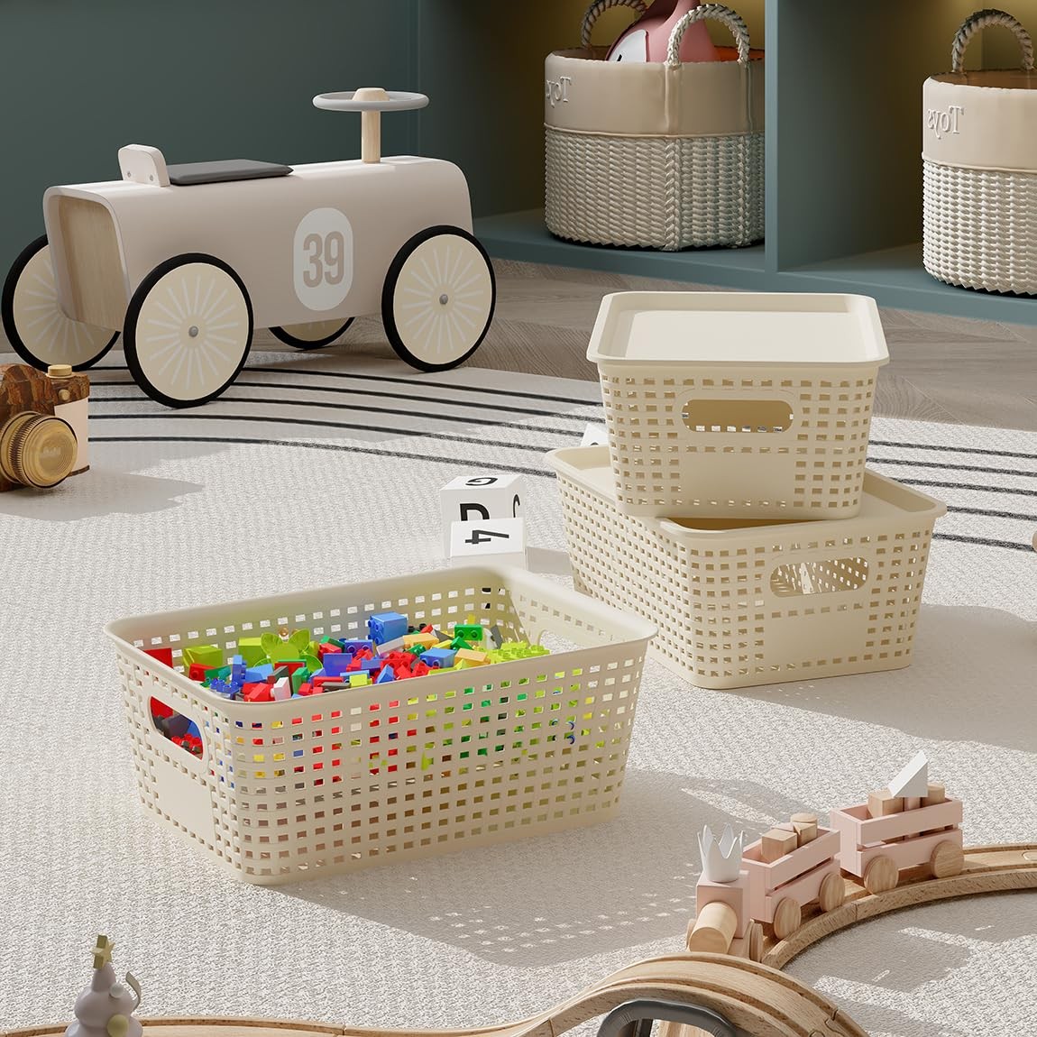 6 Pack Plastic Storage Baskets with Lids, Breathable Stackable Organizer Bins...