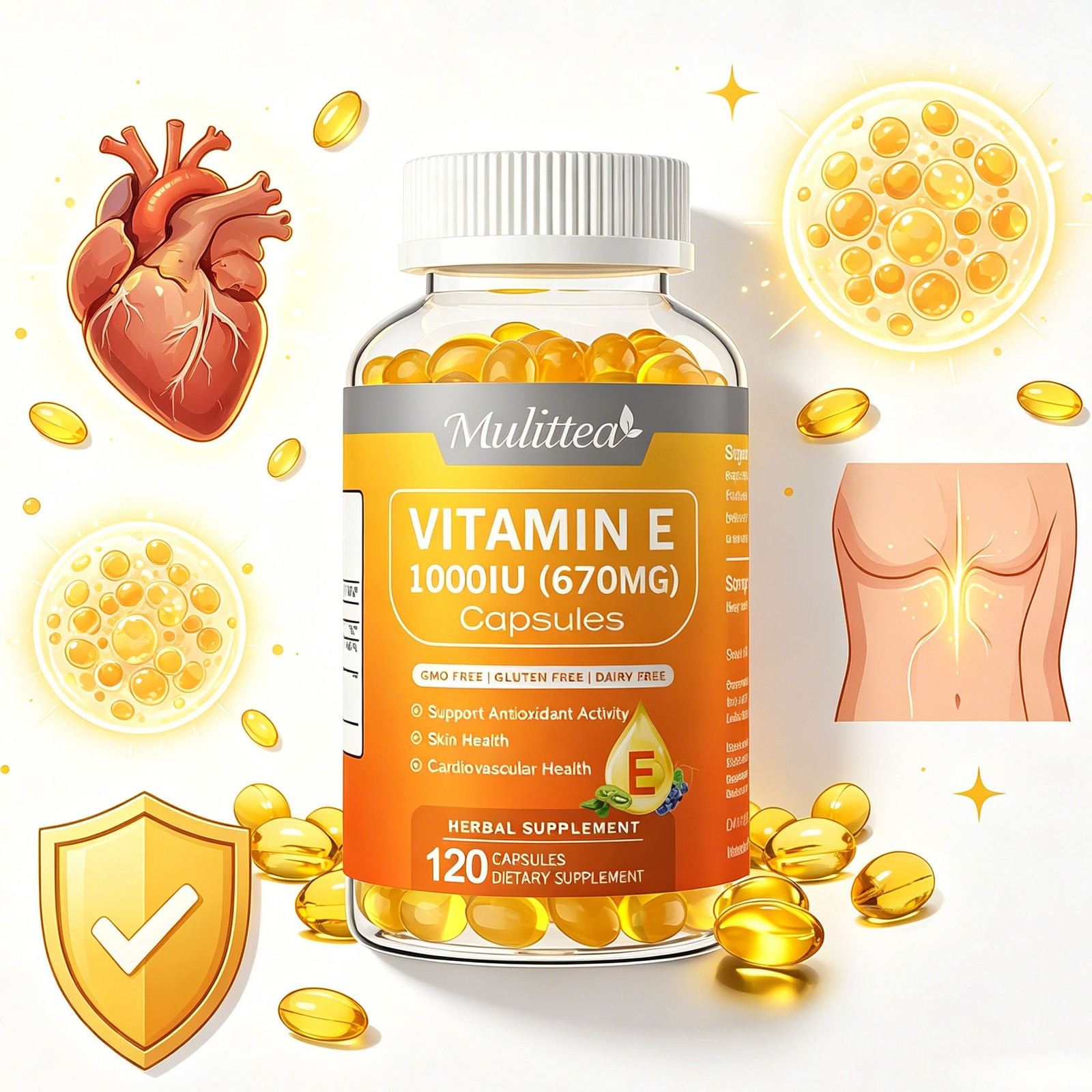 Skin, Hair, Immune & Eye Health – Vitamin E 1000 IU Capsules, 670mg, 120 Softgel