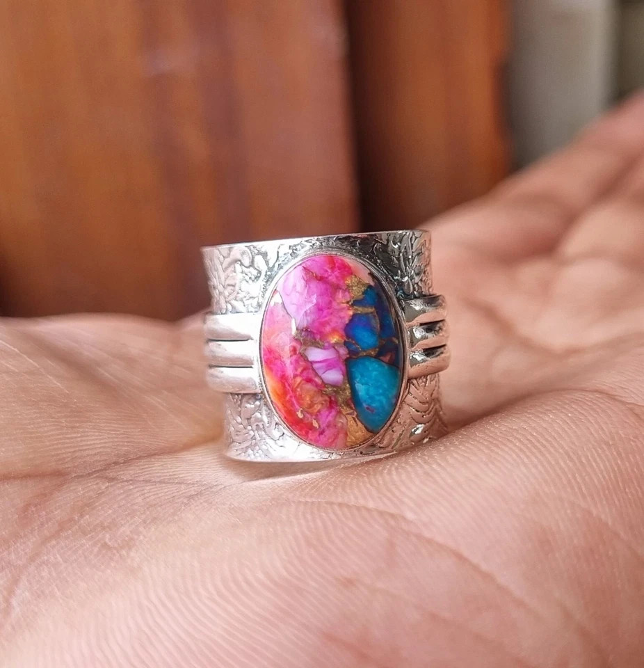 Pink Copper Turquoise Gemstone Ring Solid 925 Sterling Silver Beautiful Ring MK*