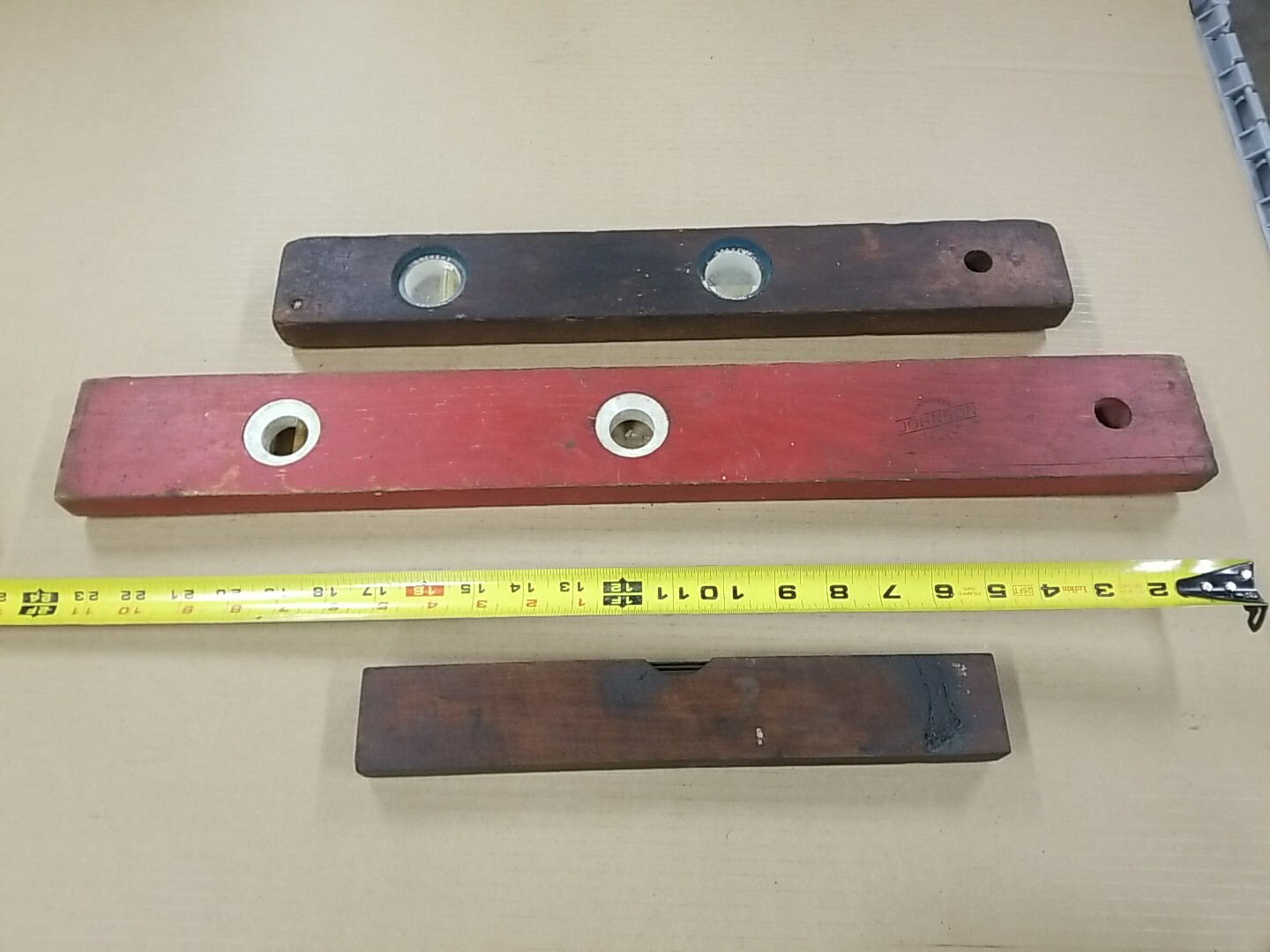 3 Vintage Levels 24" Johnson 18" Stevens & 12" Handmade?