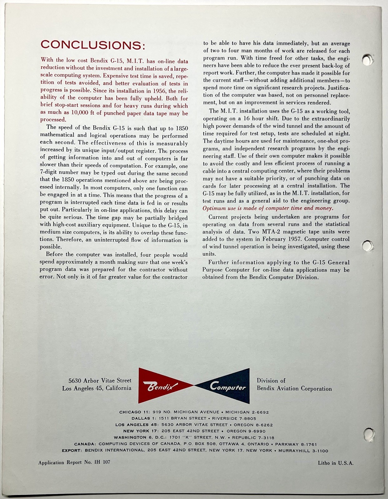 1956 BENDIX G15 MIT NAVAL SUPERSONIC LAB ONLINE DATA REDUCTION WIND TUNNEL PAPER
