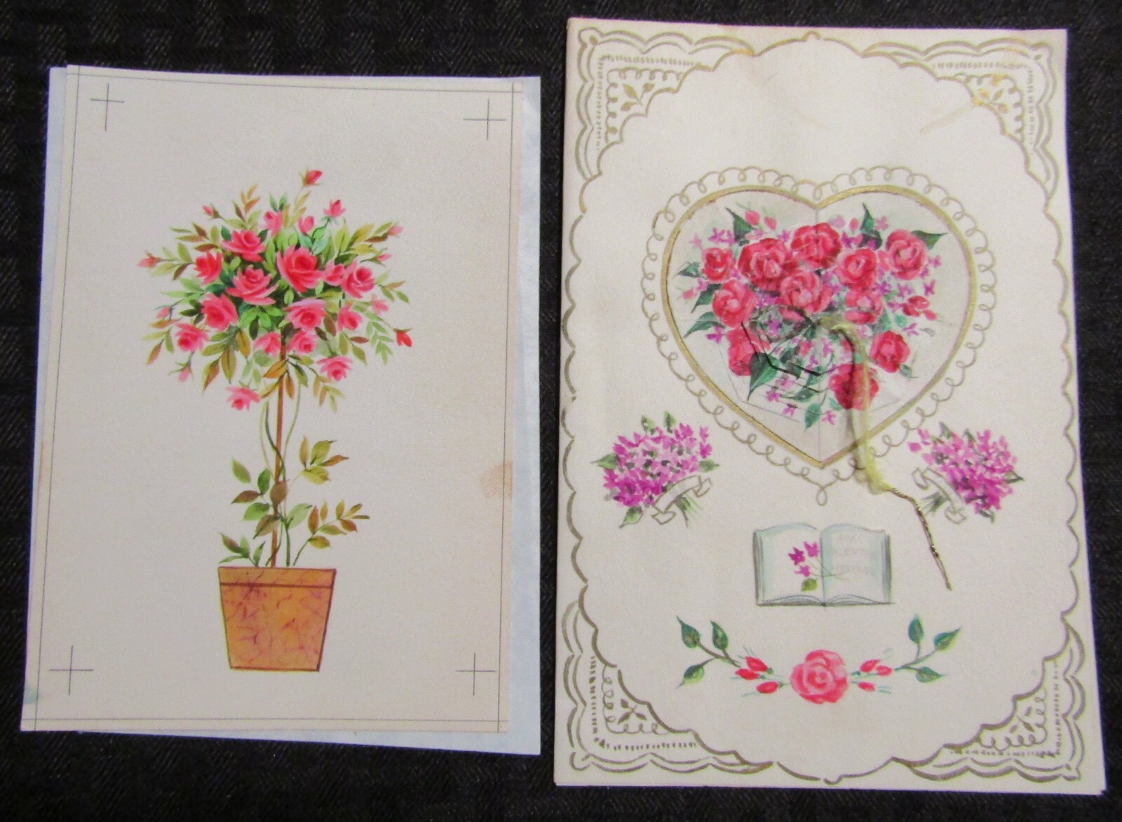 VALENTINES DAY Pink Flower Tree Heart & Book 2pcs 5x7" Greeting Card Art #10032