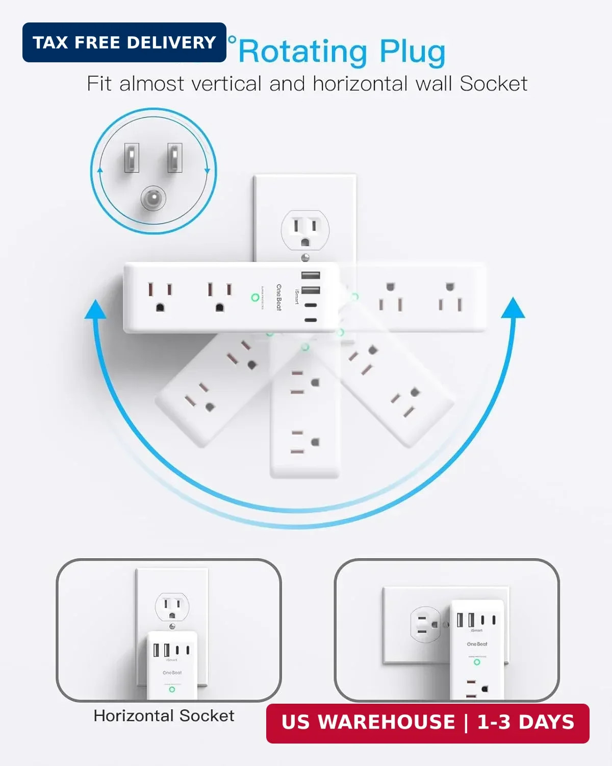 Surge Protector Outlet Extender - with Rotating Plug, 6 AC Multi Plug Outlet wit