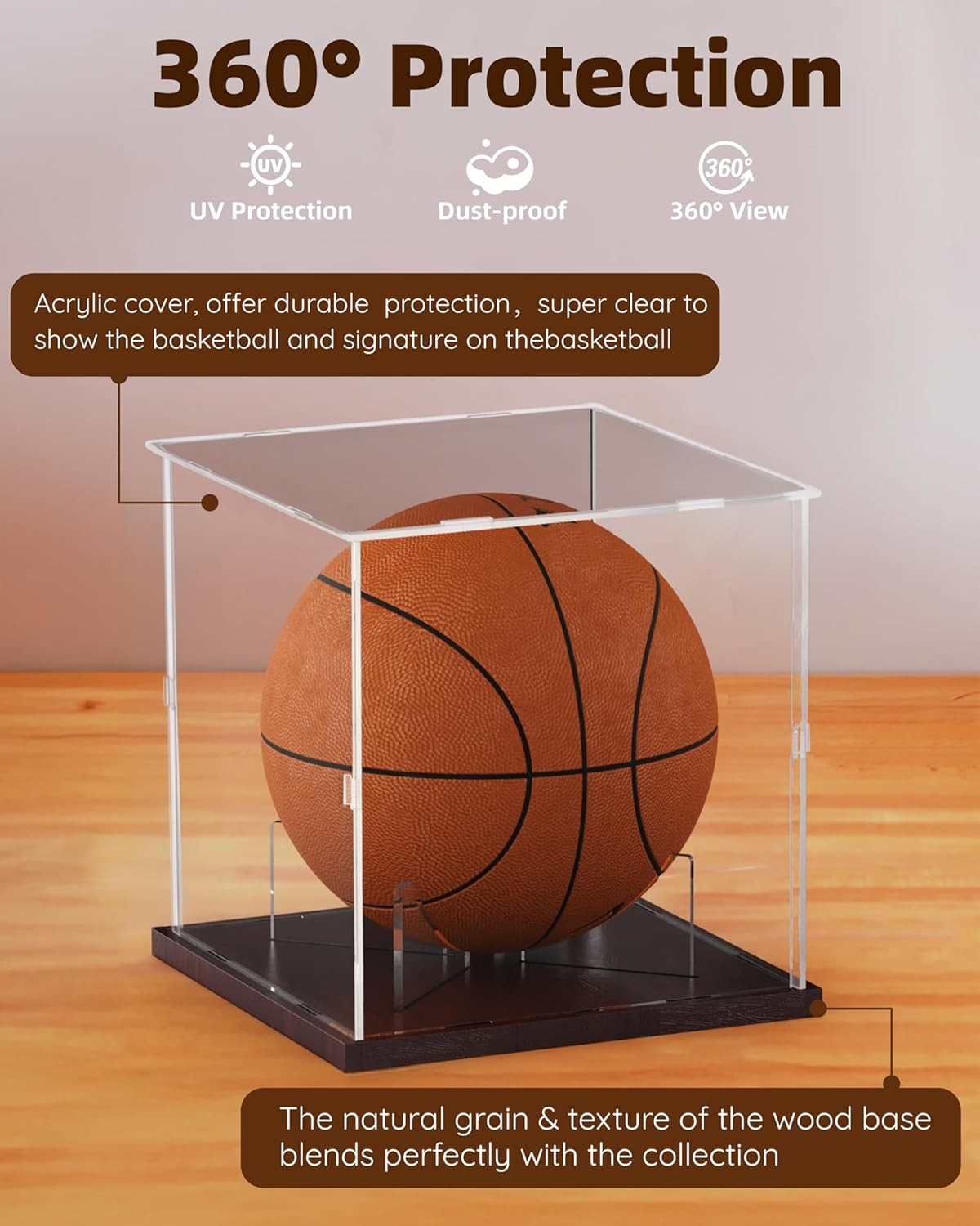 Basketball Display Case Acrylic Clear, UV Protected Stand Walnut
