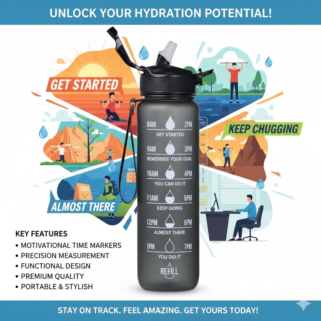 32oz Motivational Water Bottles with Time Marker, Dark Gray