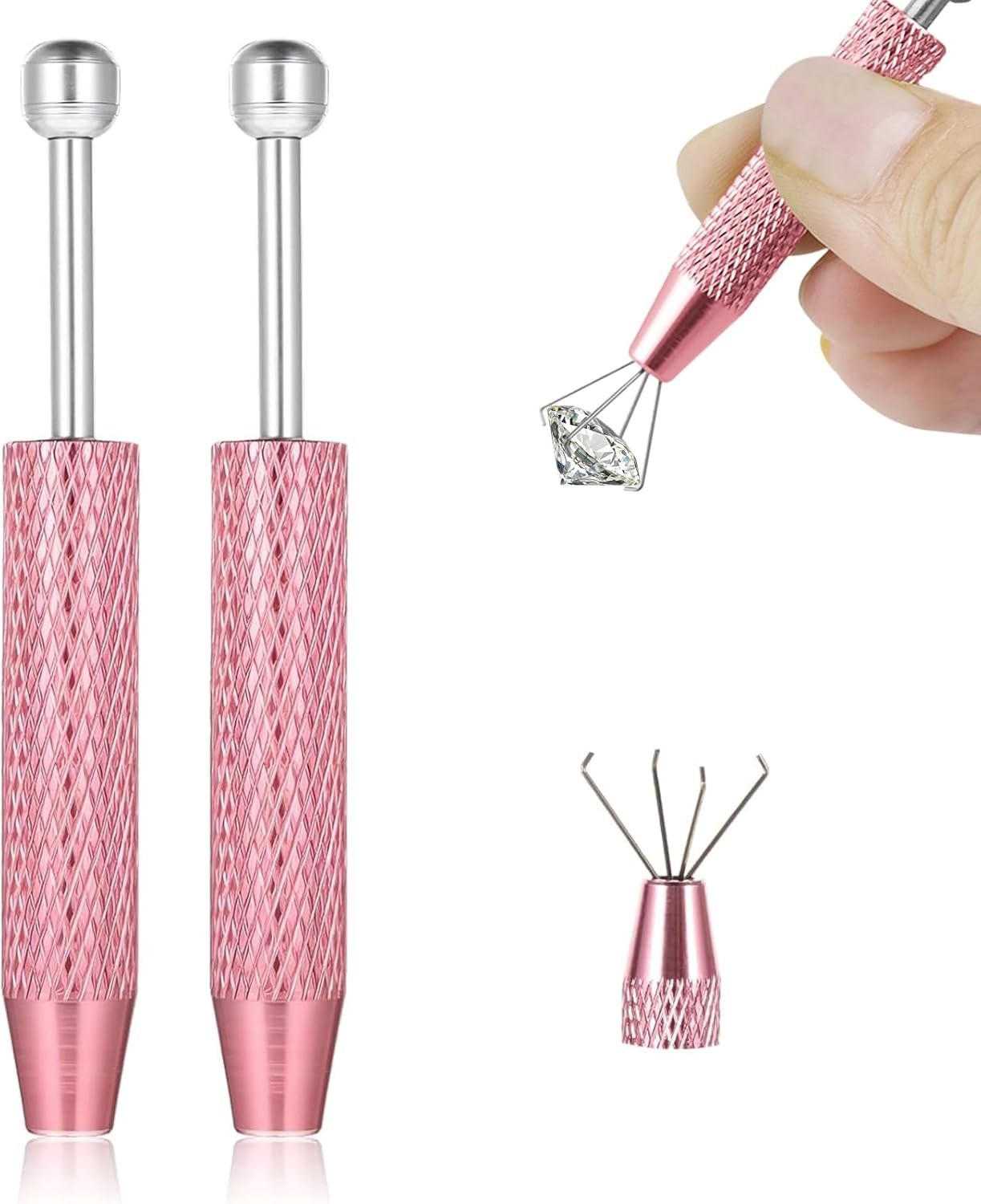 2 PCS Piercing Ball Grabber Tool Set,4 Claw Diamond Tweezers for Easy Pink