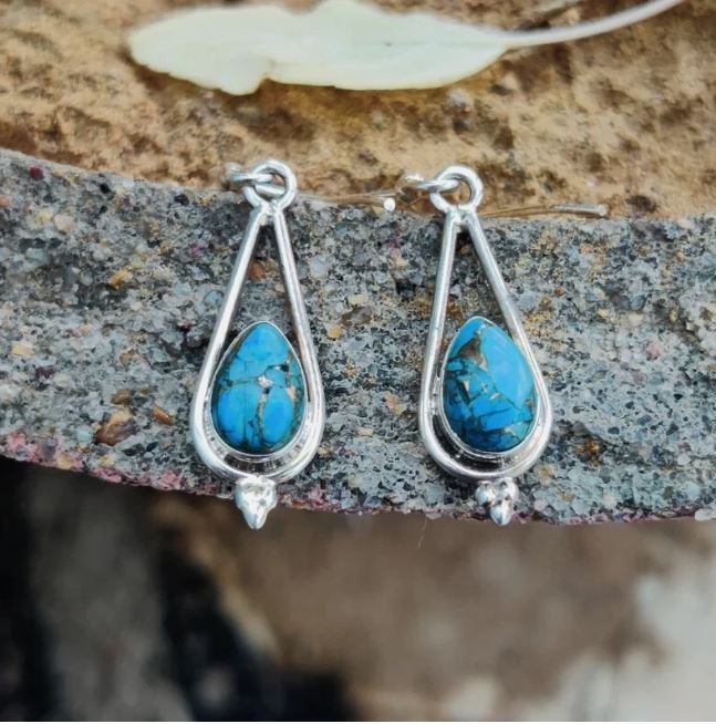 Nice Blue copper Turquoise Gemstone 925 Sterling Silver Handmade Earrings A-178
