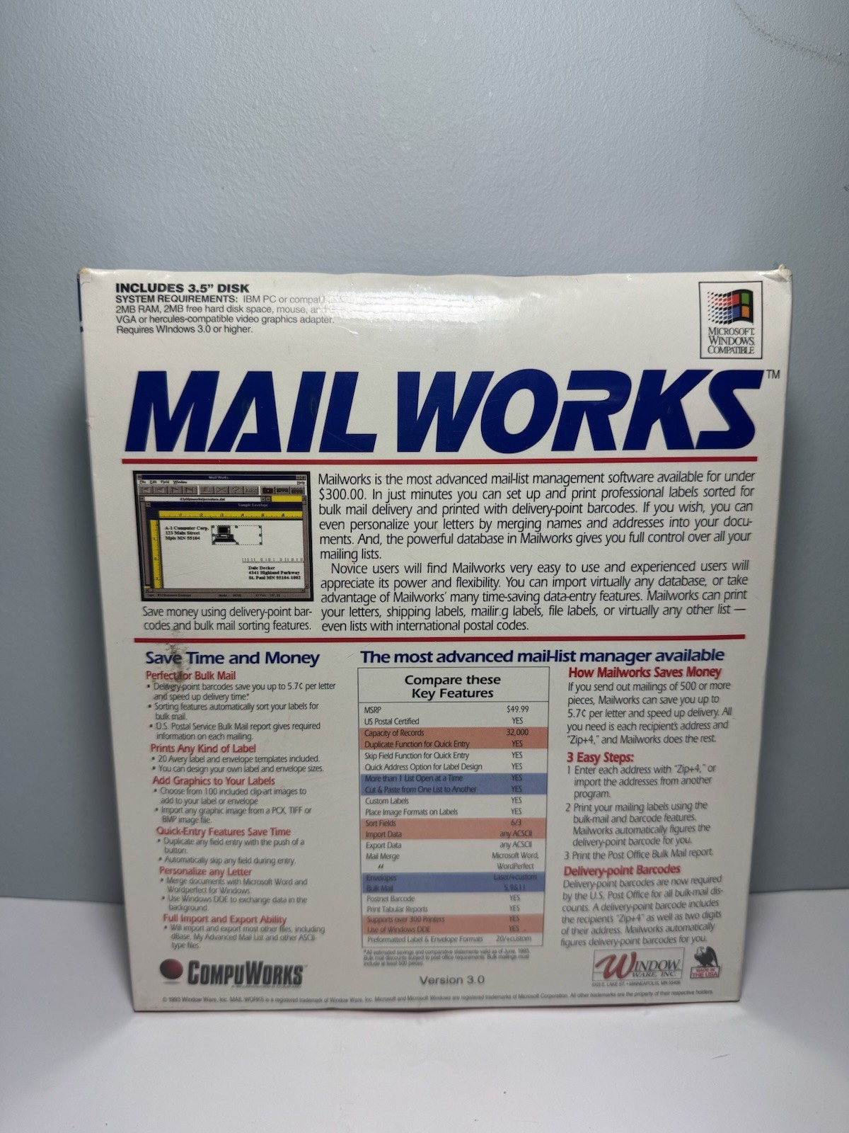 Mail Works, IBM/PC Vintage Software, Comports, 1993, NEW NEVER OPENED