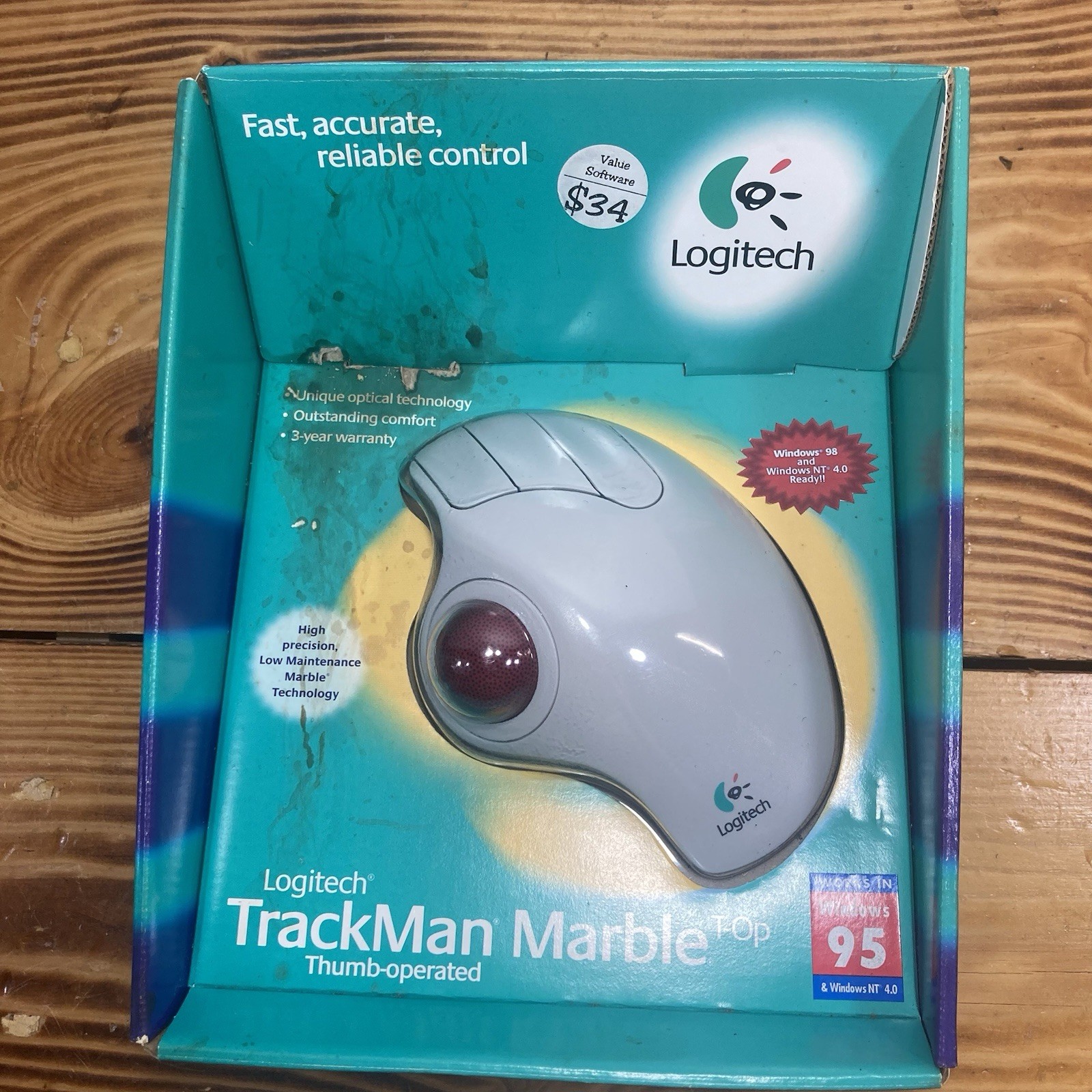 Logitech TrackMan Marble T-Op Thumb Operated Trackball Mouse 1997 NOS New READ