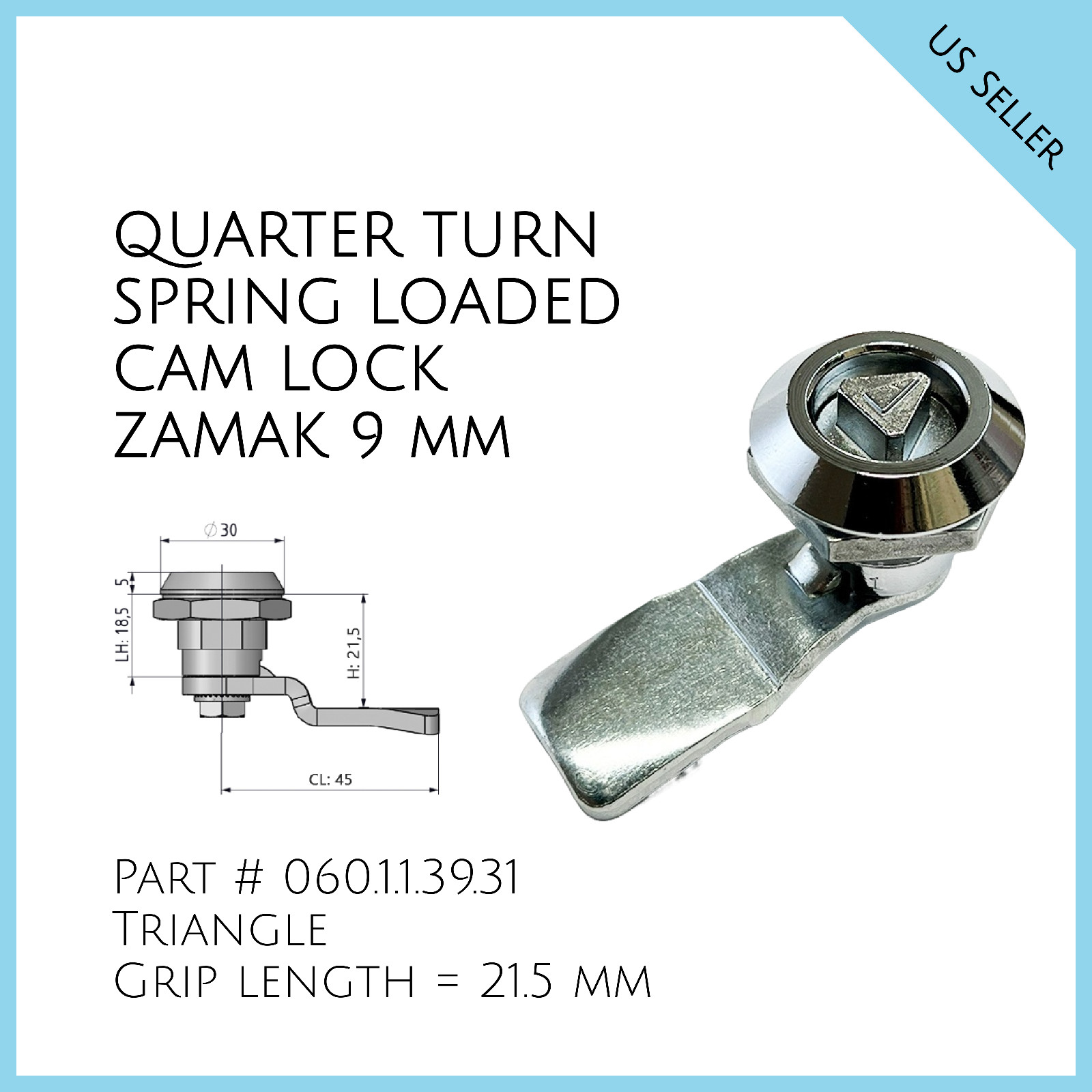 Quarter Turn Spring Loaded Cam Lock Zamak 9mm Triangle Part # 060.1.1.39.31