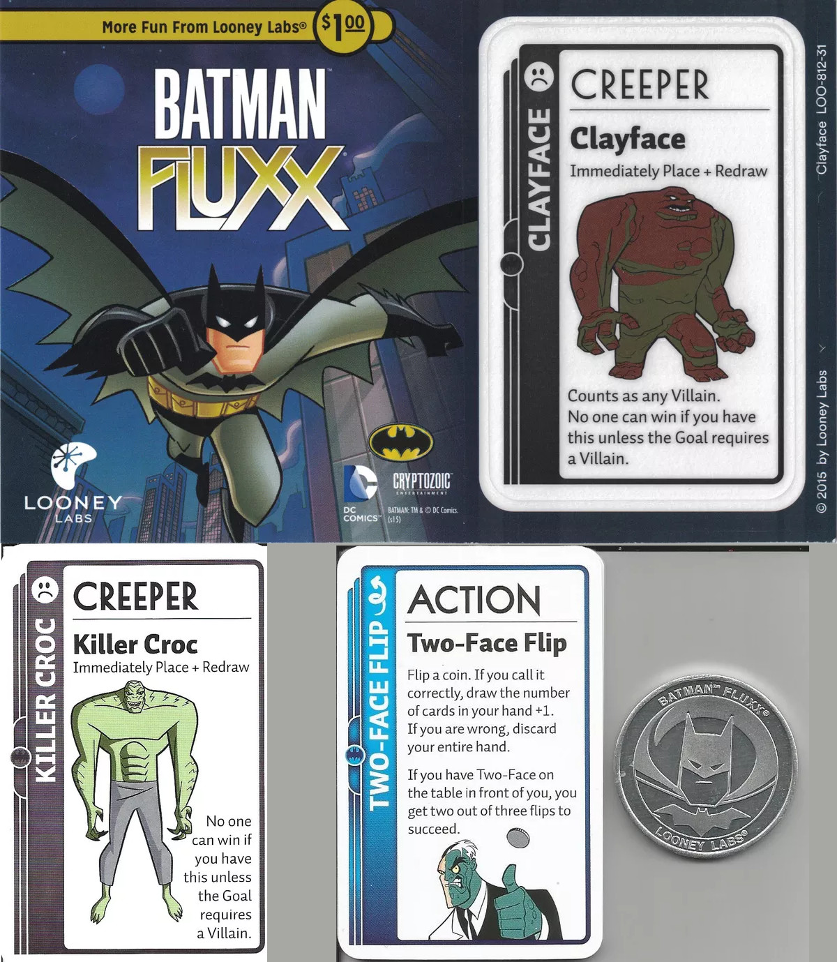 Batman Fluxx Clayface Killer Croc Two-Face Flip w/ Coin Promo Cards Looney Labs