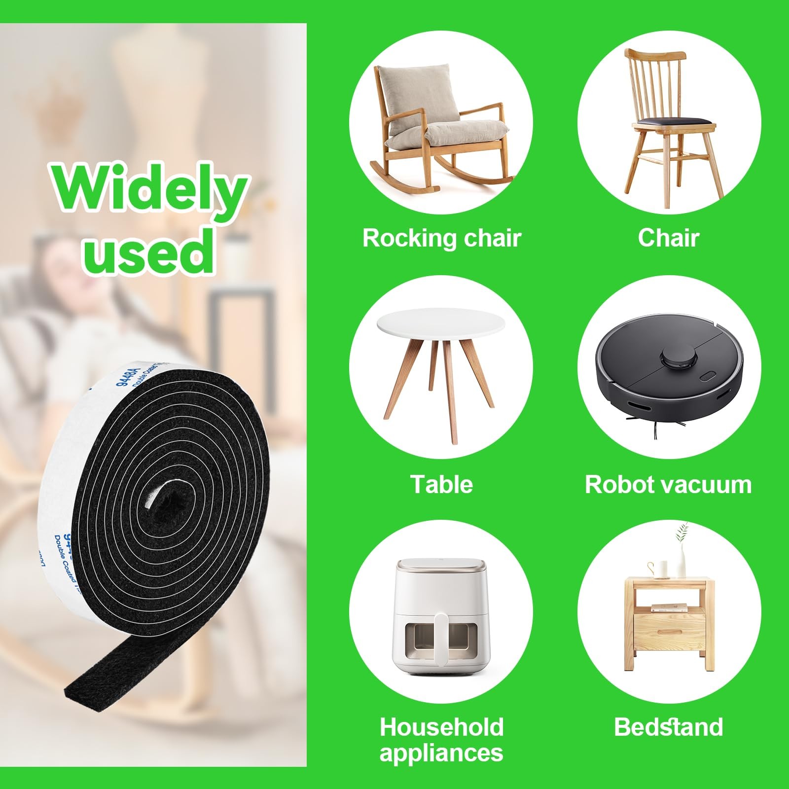 Felt Strips with Adhesive Backing, Tape 2 Rolls 1/2x60 inch, Black