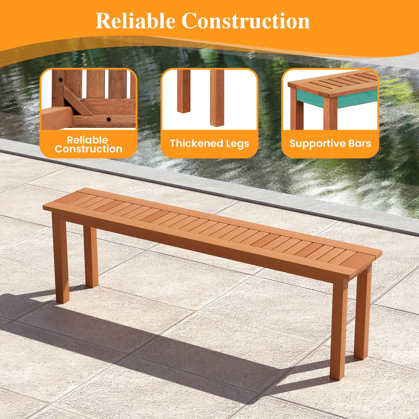2PCS 59" Long Patio Dining Bench w/ Teak Oil Finish & Slat Seat Accent Entryway