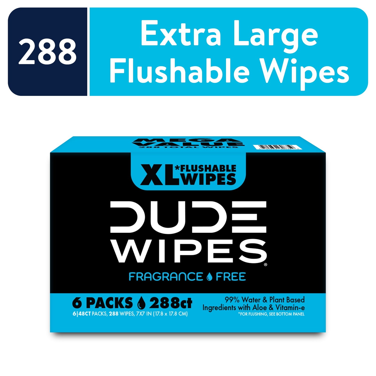 DUDE Wipes Unscented XL Flushable Wipes,6 Flip-Top Packs Case, 48 Wipes per Pack