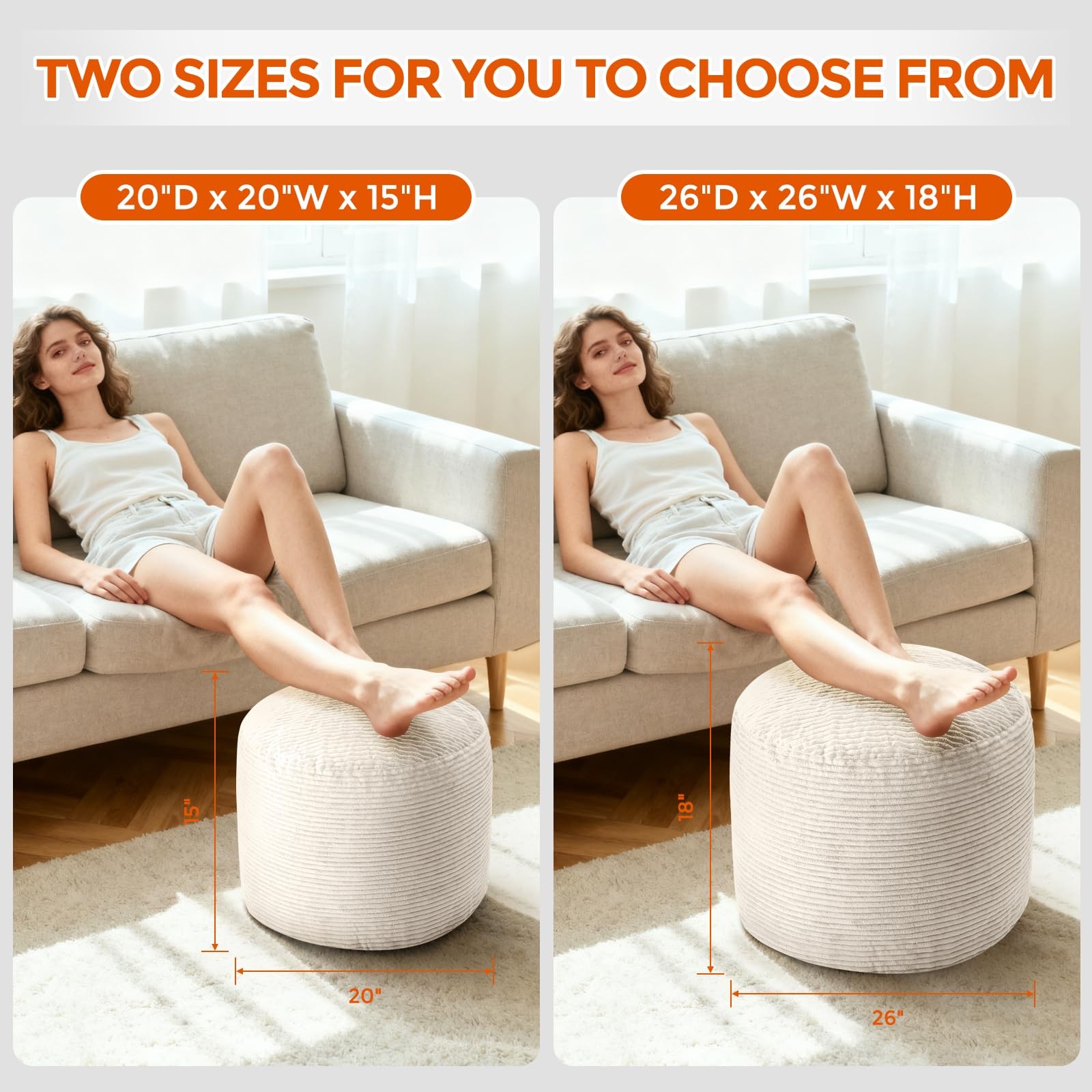 20" x 20" x 15" Pouf Ottoman Foot Rest, Pre-Stuffed Round Foot Stool with Odo...