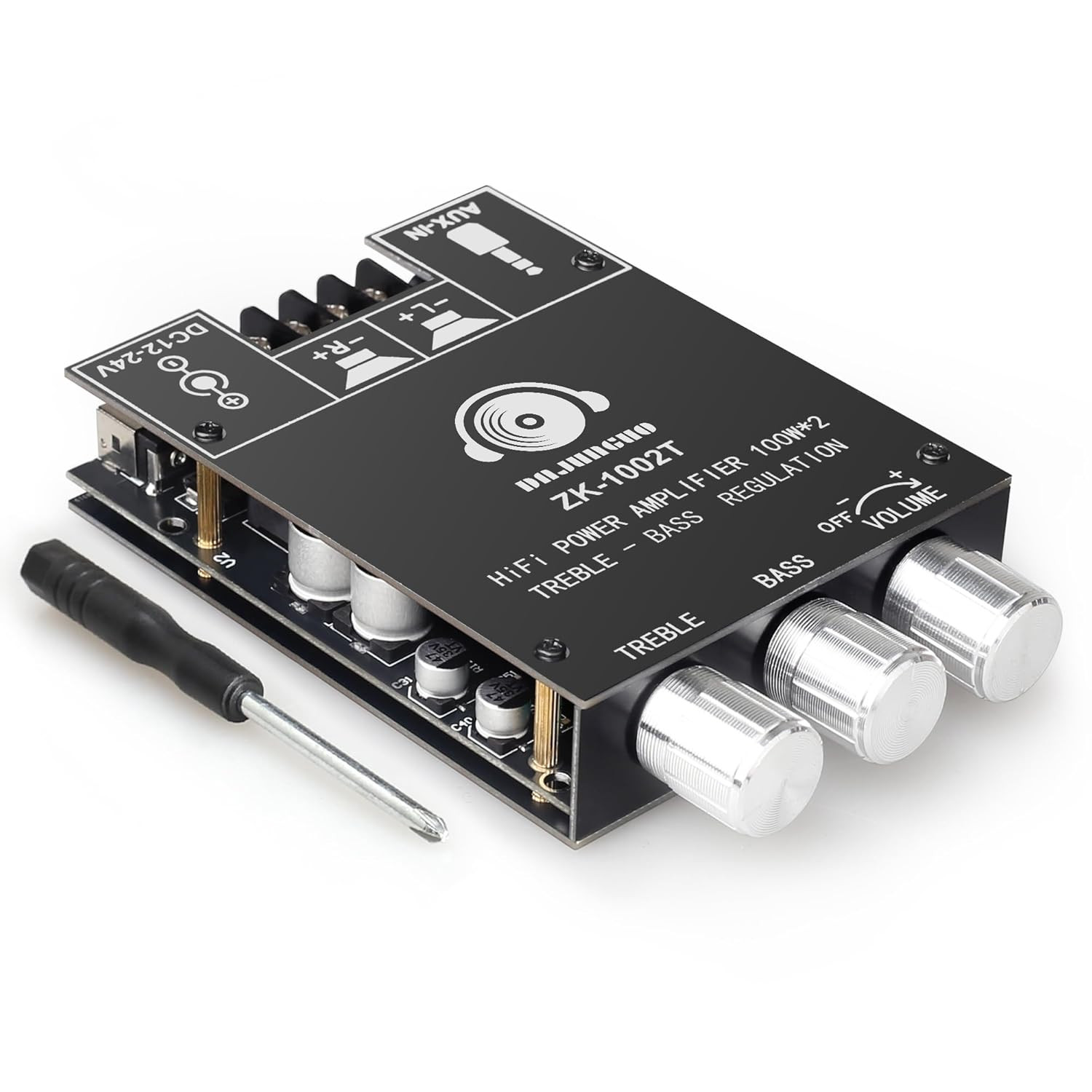 100W+100W Amplifier Board with Treble and Bass Control, DC 9-24V, BT and AUX Inp