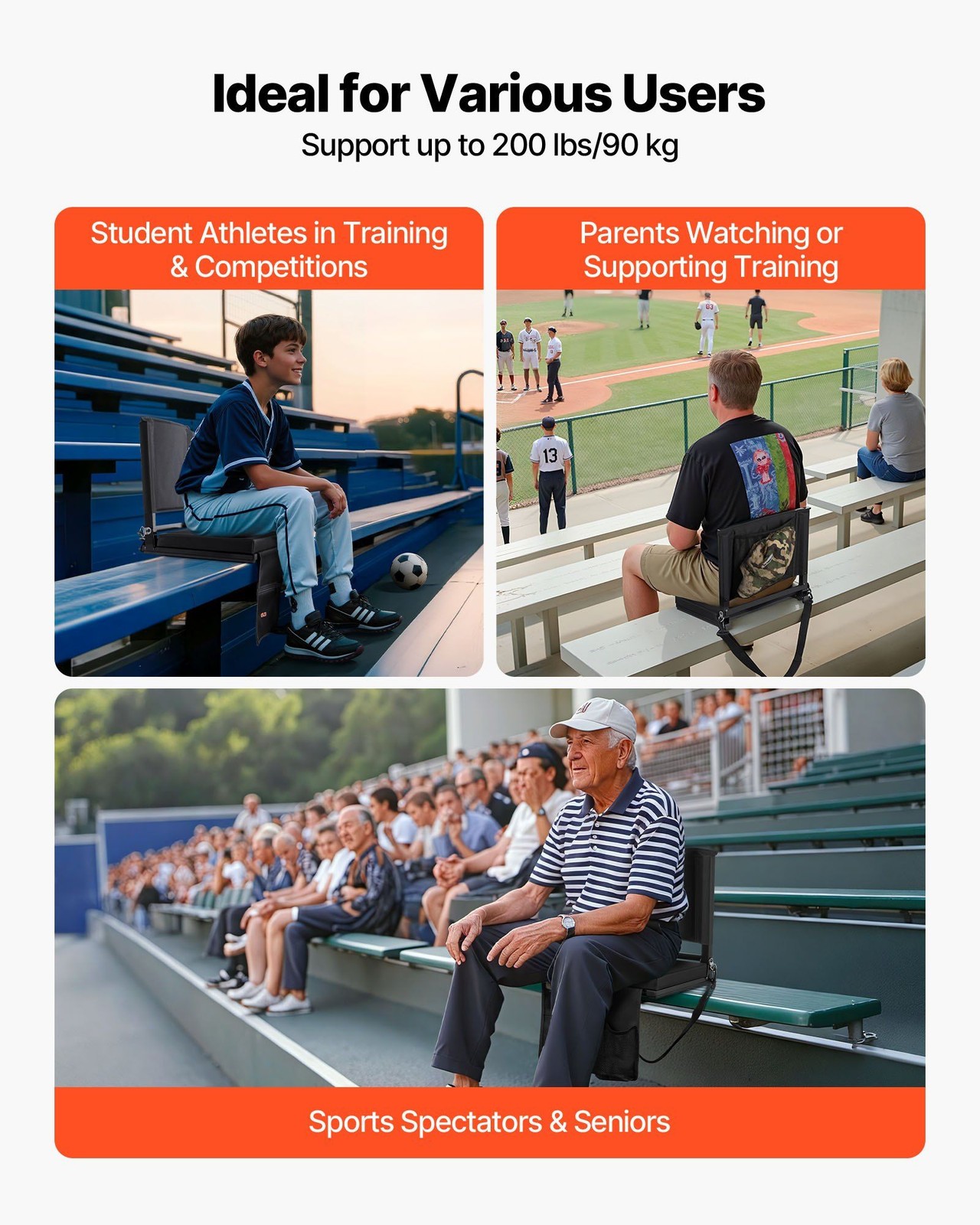 Comfortable Portable Bleacher Seat w/Backrest Hooks & Shoulder Strap