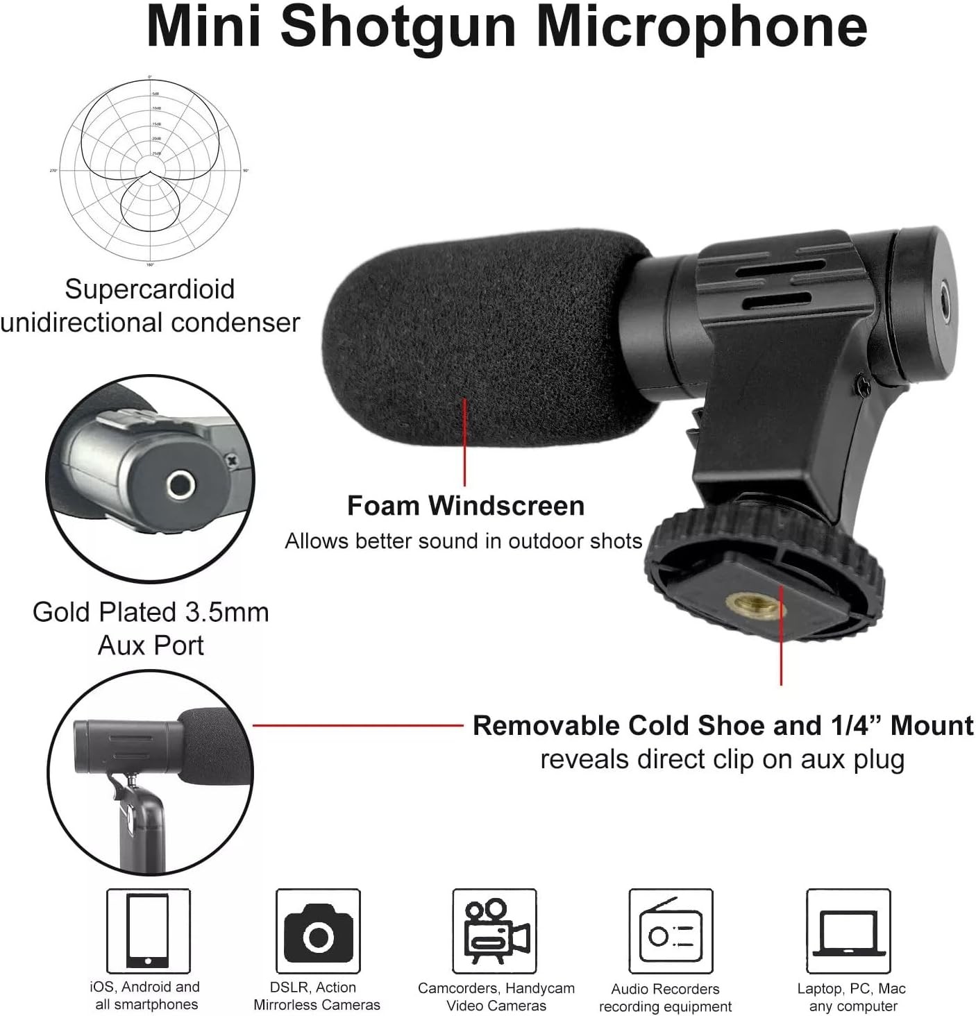 Universal Video Mic Microphone For Nikon Canon DSLR Camera Android US