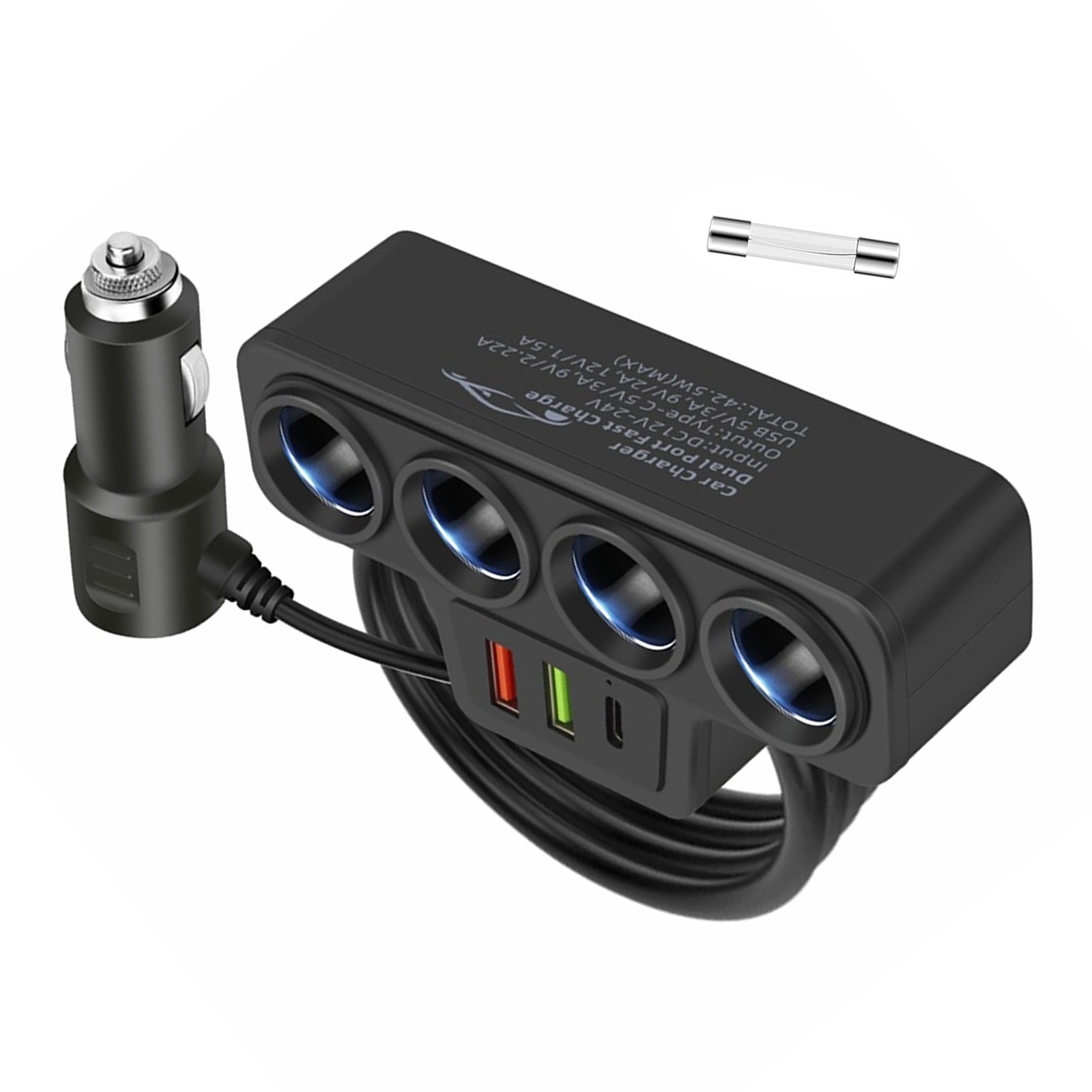 7-in-1 4-Socket Car Cigarette Lighter Splitter Fast Charger Power Adapter 12V