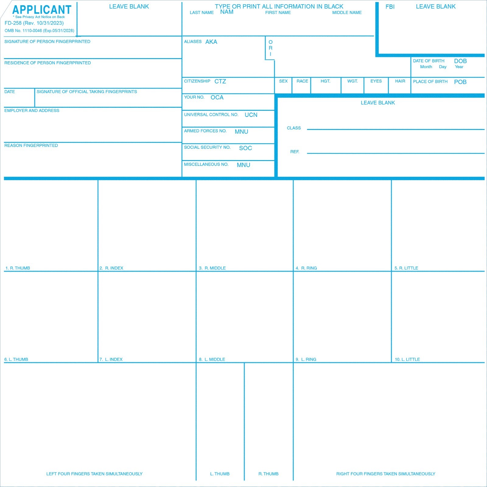 FD-258 Fingerprint Cards, Applicant - 50 Pack NEWEST REVISION 10/31/2023