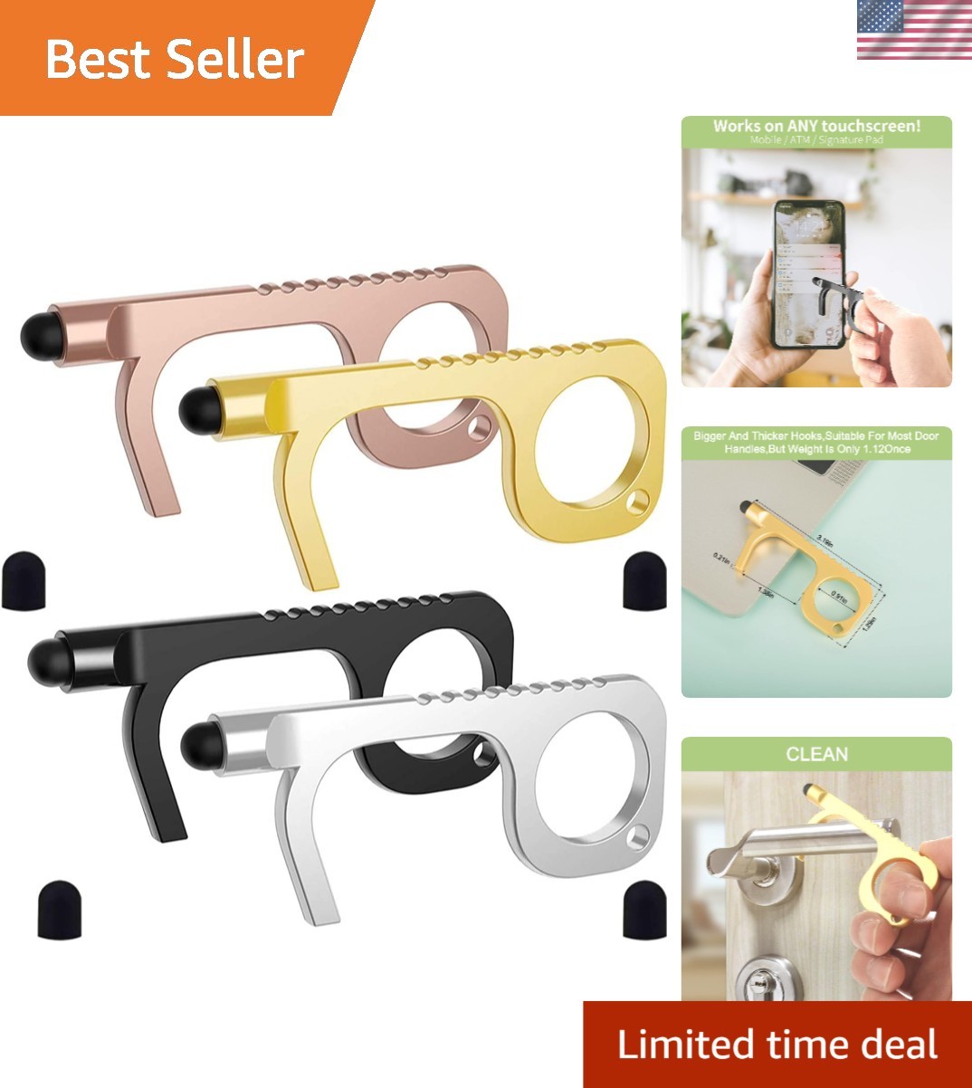 Ergonomic Non-Touch Key Tool - Heavy-Duty Reusable Stylus Keychain Set of 4