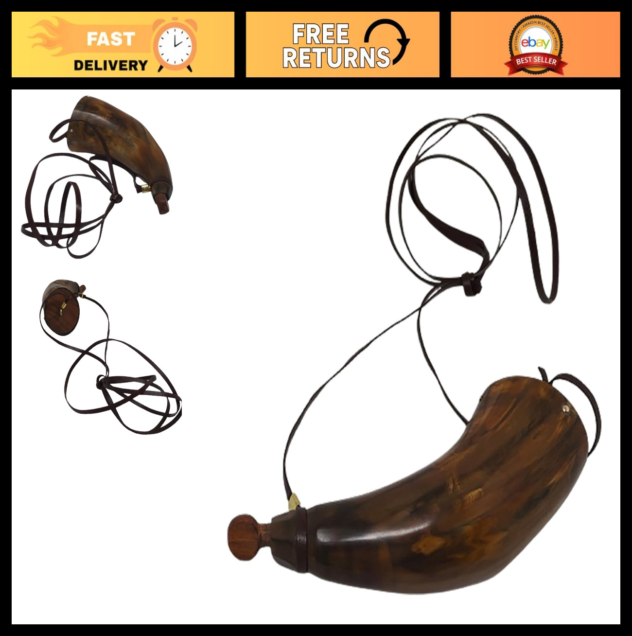 Natural Buffalo Horn Powder Horn - Civil War Re-Enactment, 20cm Oval Shape, Wood