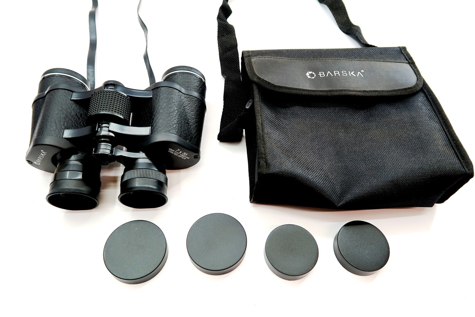 BARSKA 7x35 Binoculars Coated Optics 5.5" Tall with Case, Caps & Strap NICE COND