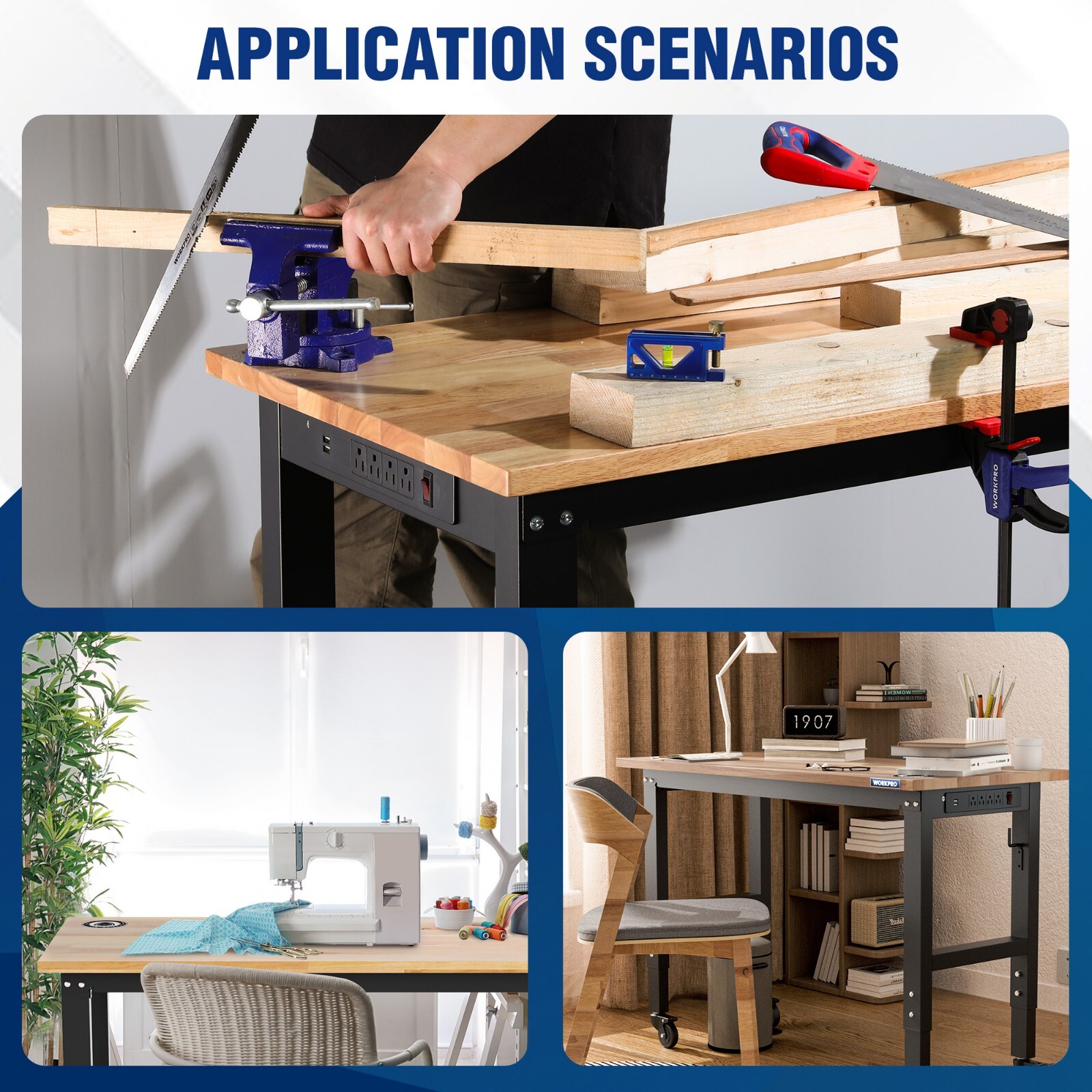 48"X22" Adjustable Workbench with Wheels, Rubber Wood Top Heavy-Duty Workstation
